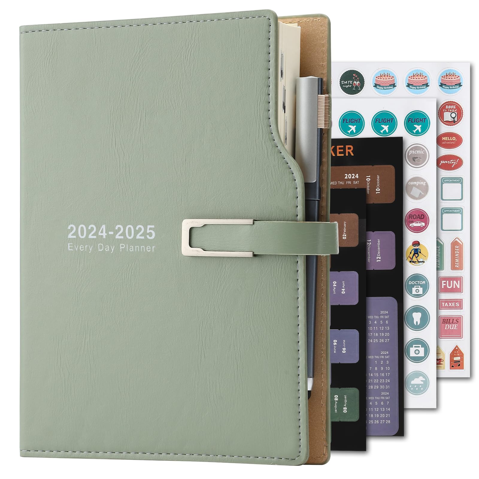 2024-2025 Academic Diary Planner - July 2024 to June 2025 A5 Day-to-Page Organizer with Calendar Stickers, Pen Holder & Premium Thick Paper (14x21.5cm, Green) - Perfect for Students, Teachers & Office Professionals