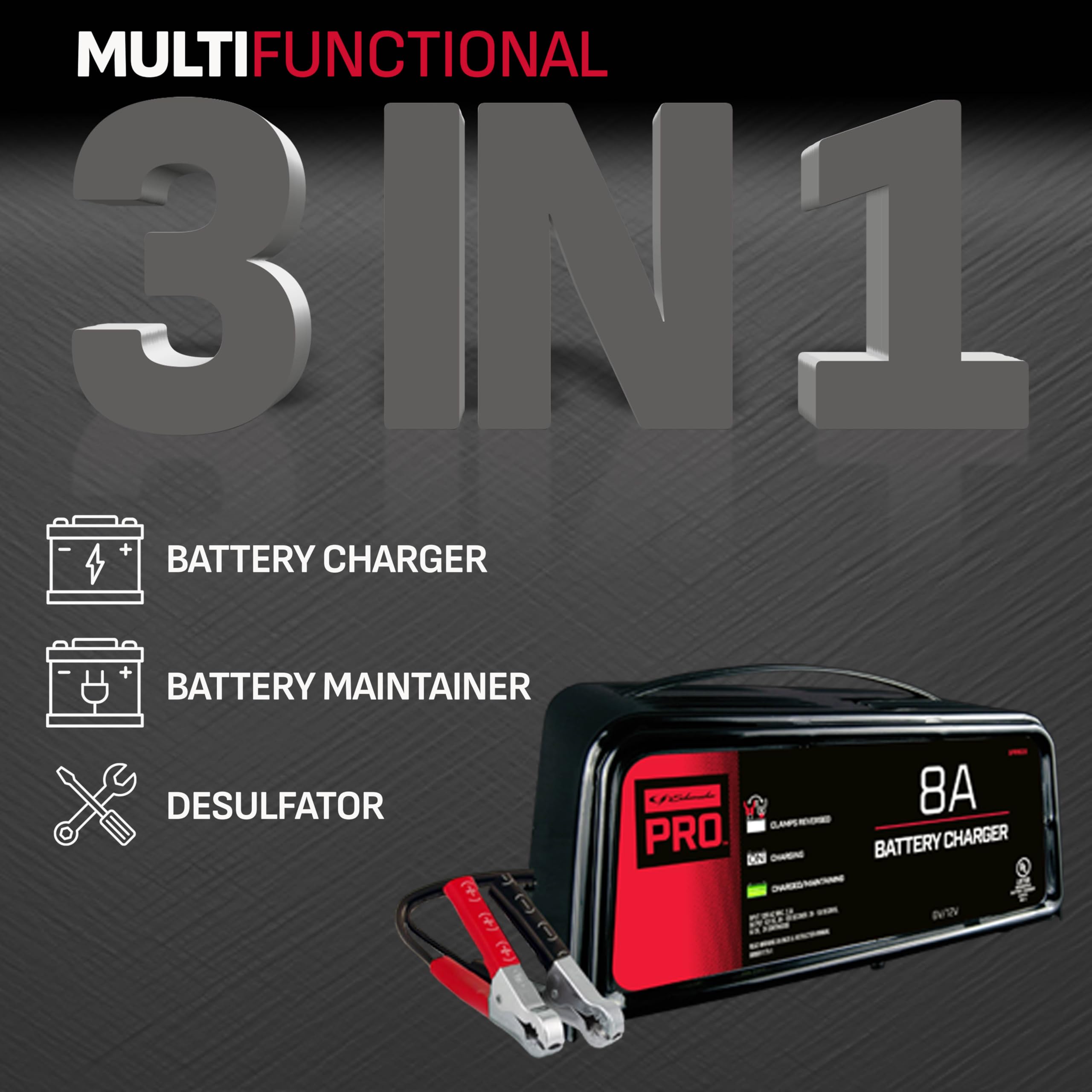 Schumacher SPR1628 3-in-1 8 Amp Fully Automatic Battery Charger & Maintainer - 6V/12V Compatible for Cars, Trucks, Motorcycles, ATVs, Boats & Marine Batteries | Ideal for Winter Storage, RV Maintenance & Power Sports Vehicles
