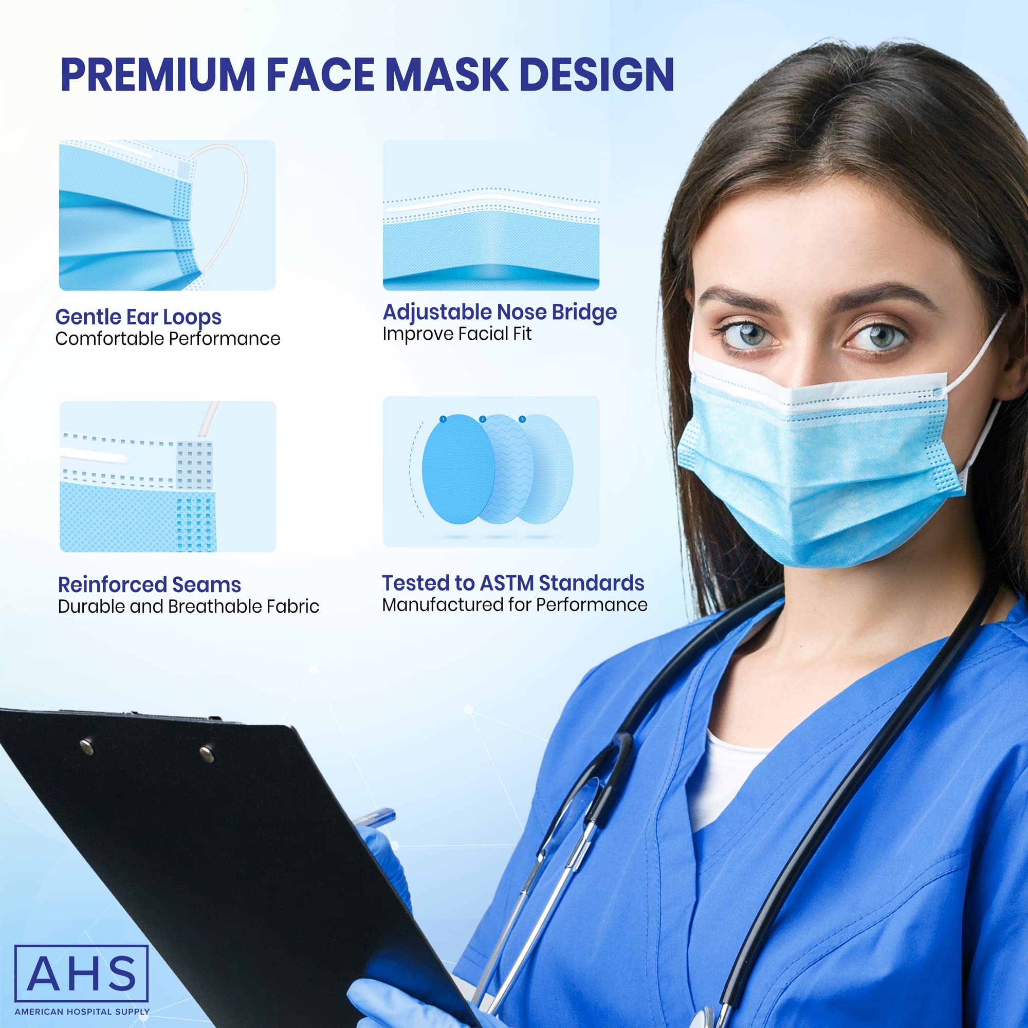 (AHS) Disposable Blue 3-Ply Earloop Face Masks - 2000 Pack (40 Boxes x 50pcs) | Comfortable Breathable Adult Face Coverings for Daily Use, Work, Travel & Public Safety Protection