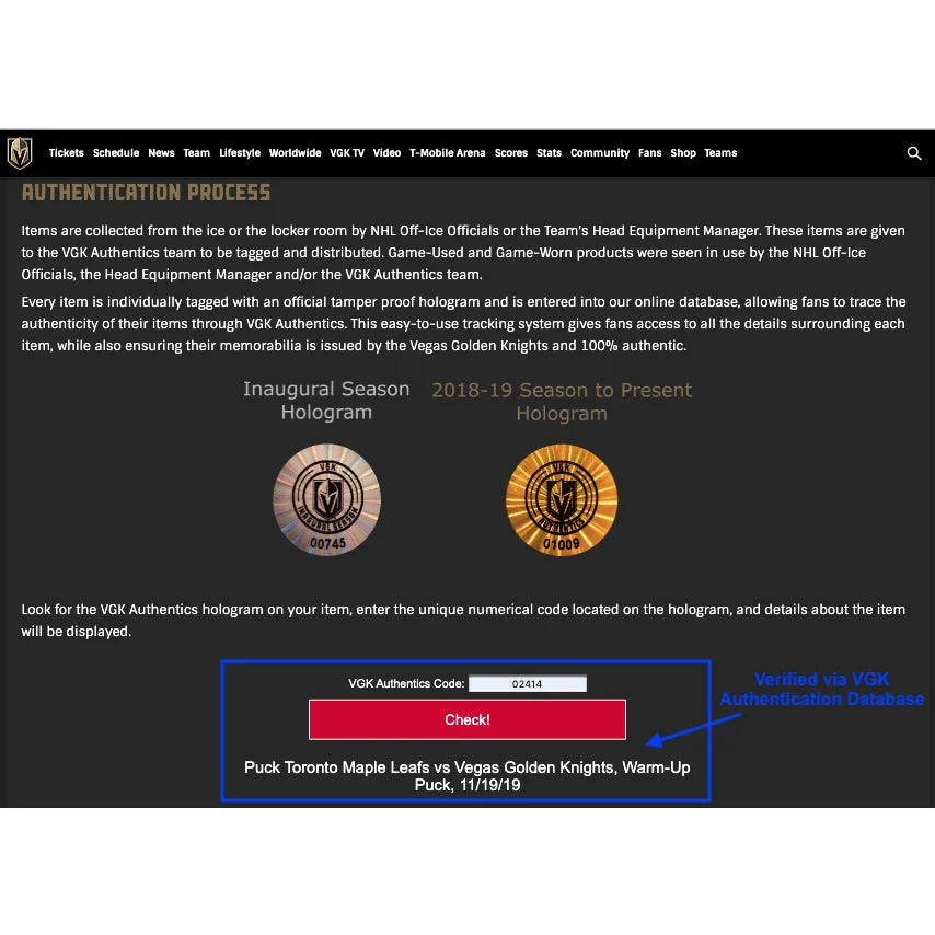 Marc Andre Fleury Autographed Game Used Warm-Up Puck from 11/19/19 with COA & JSA - Vegas Golden Knights Memorabilia for Hockey Fans & Collectors - Perfect for Display Cases, Man Caves, and Sports Collections