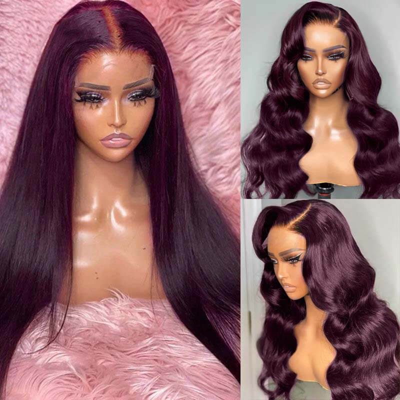 Eullair Glueless Dark Purple Plum Straight Human Hair Wig - Body Wave Lace Frontal Wigs for Women | Natural Look for Daily Wear, Cosplay & Special Occasions