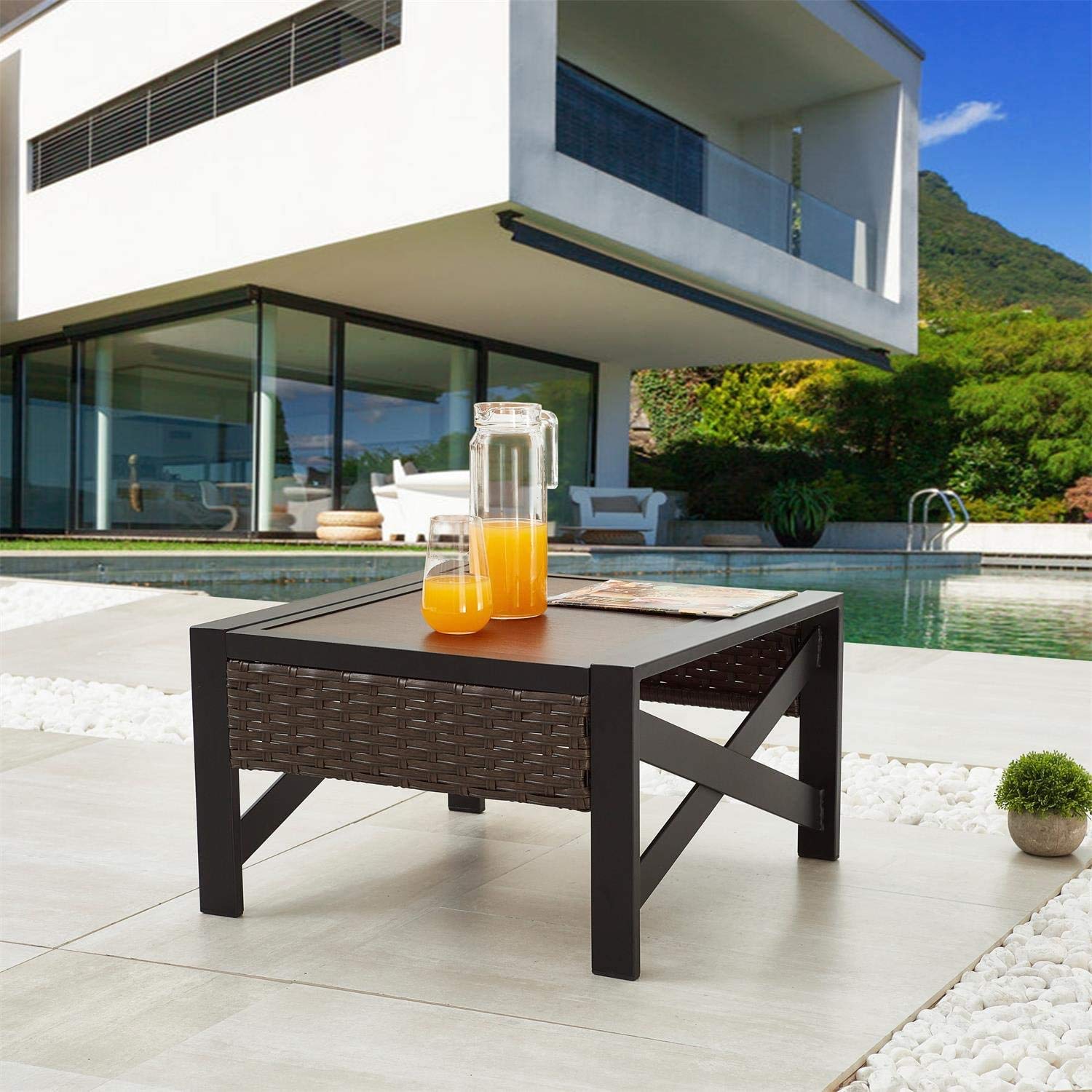 PatioFestival Outdoor Wicker Side Table - PE Rattan Square Coffee Table with Metal Frame for Garden, Porch, Poolside & Balcony - Weather-Resistant Brown Patio Furniture (Perfect for Outdoor Entertaining & Relaxation)
