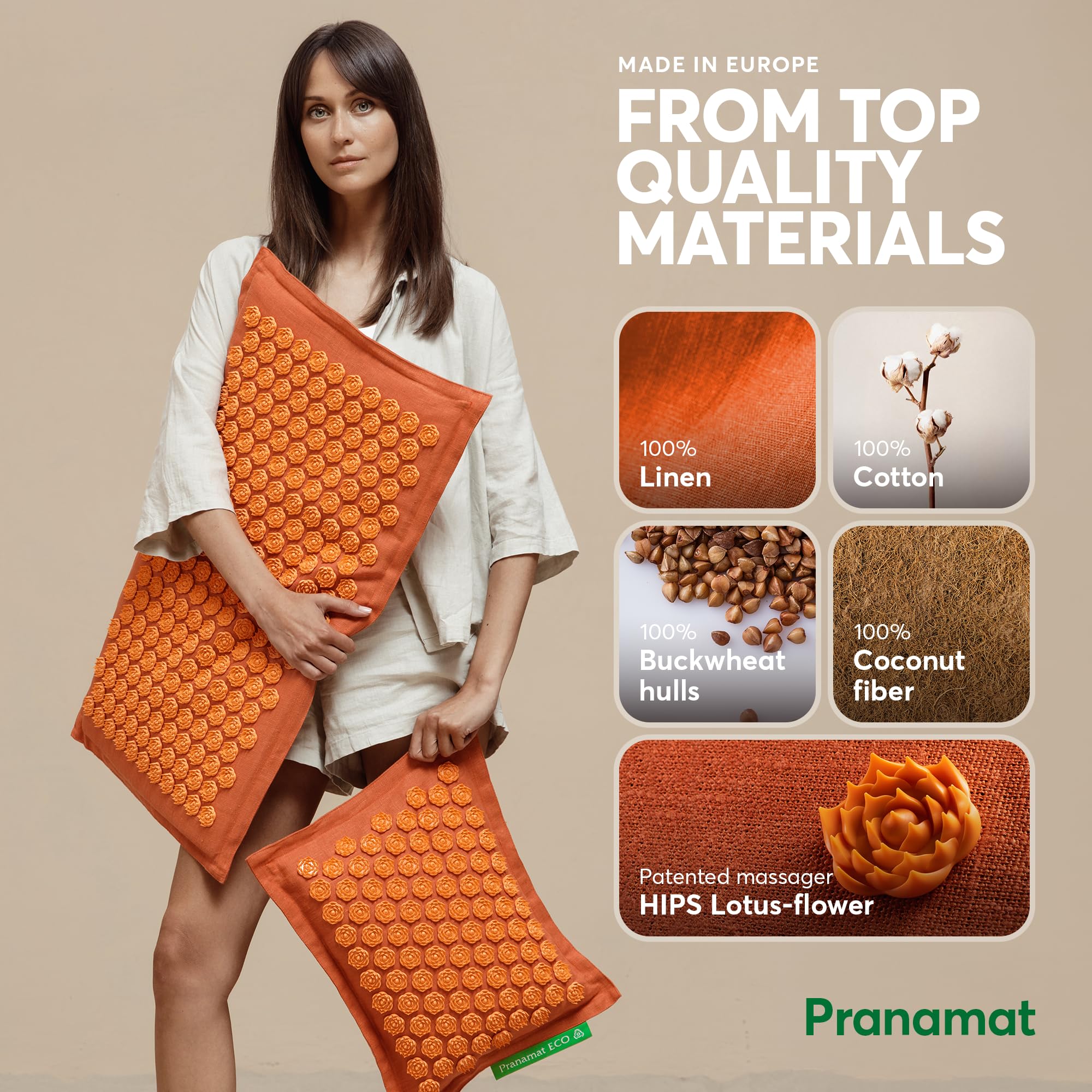Pranamat Large Acupressure Mat with Pillow Set for Back Pain Relief & Better Sleep | Natural Eco-Friendly Materials | Handmade in Europe | Perfect for Home Yoga, Meditation & Stress Relief
