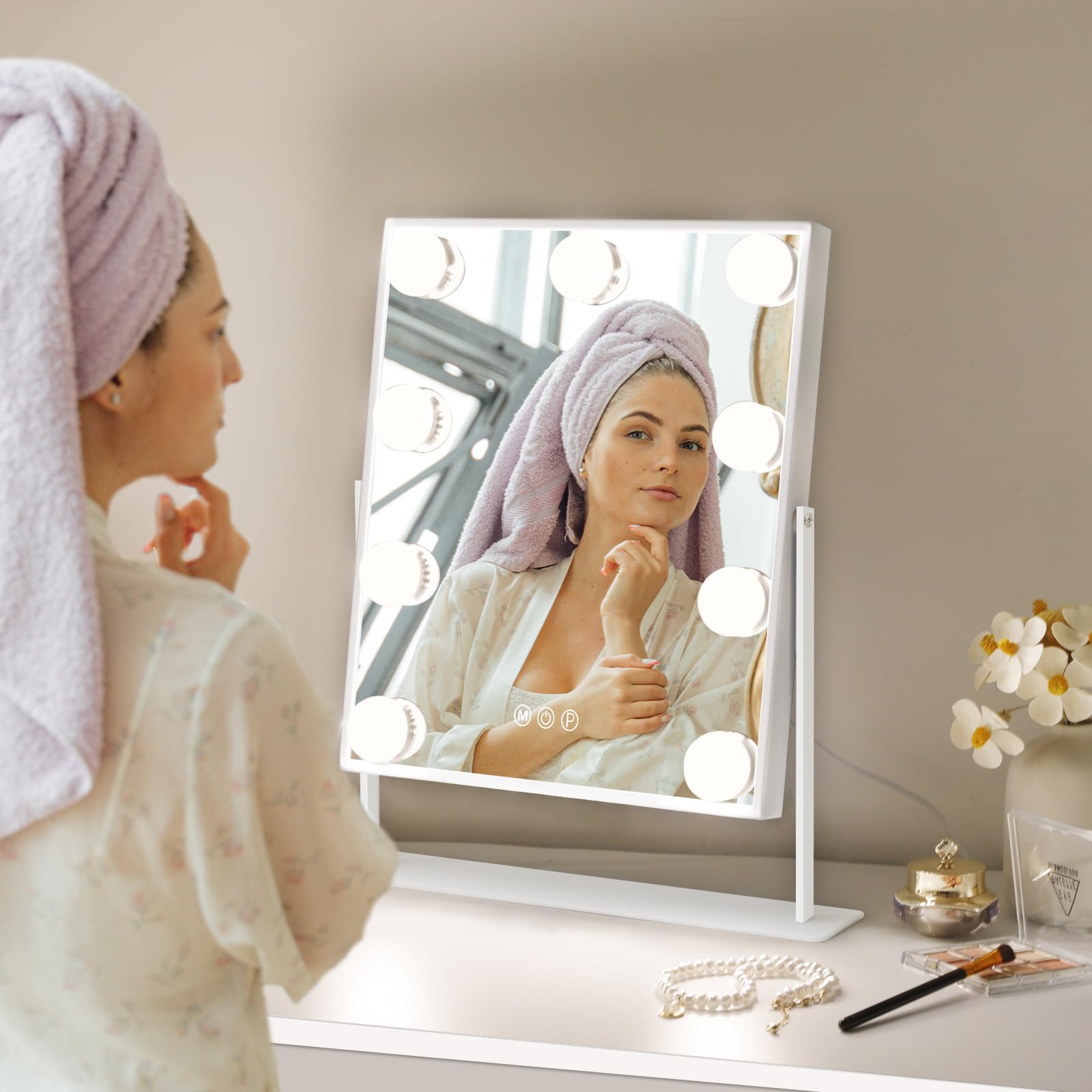 Hollywood Vanity Mirror with Lights - 9 Dimmable LED Bulbs, 3 Color Lighting Modes, Detachable 10X Magnifying Mirror & 360° Rotation - Perfect for Makeup, Skincare & Hair Styling (White)