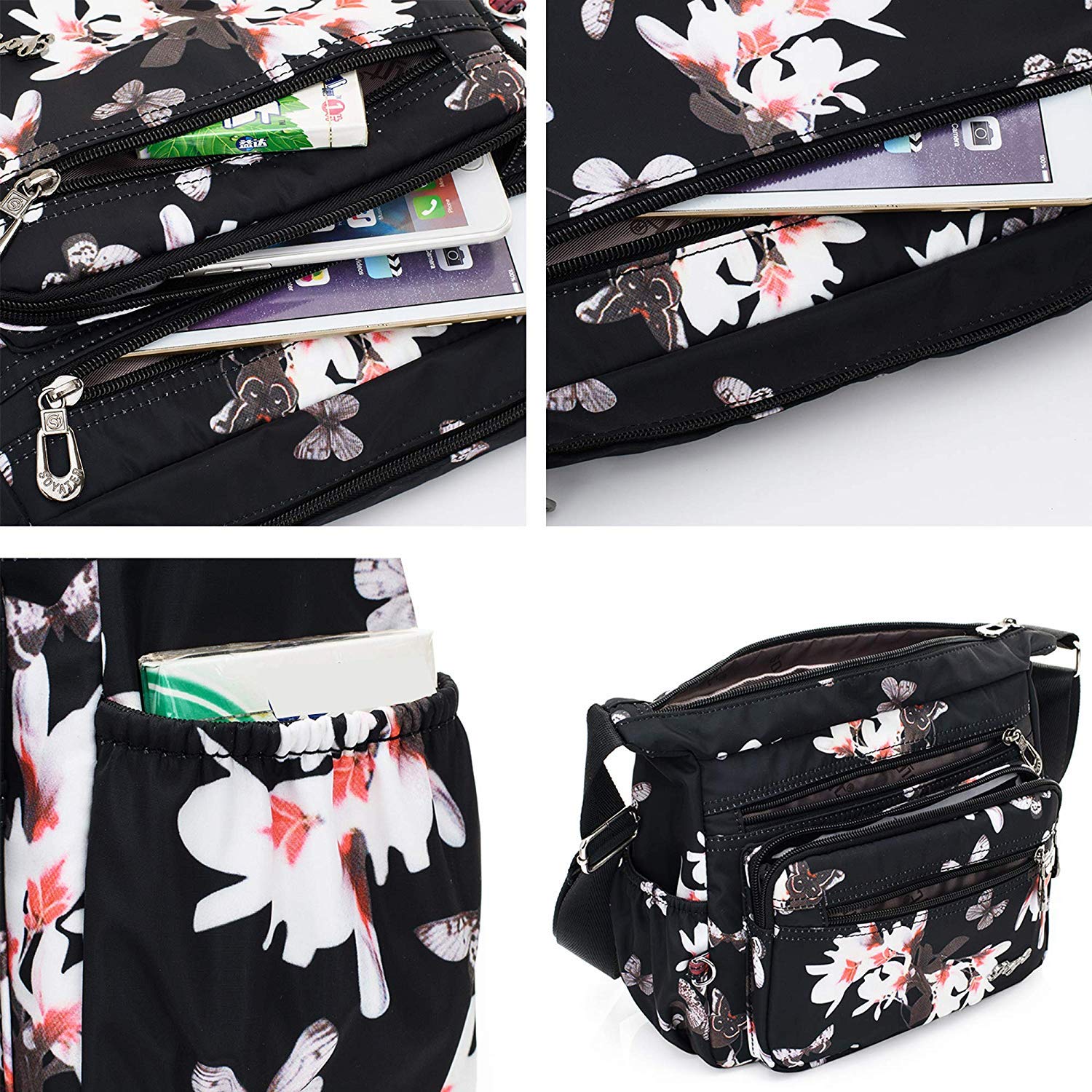 Stylish Nylon Floral Crossbody Bag for Women - Multi-Pocket Shoulder Purse with Adjustable Strap - Perfect for Travel, Shopping & Everyday Use