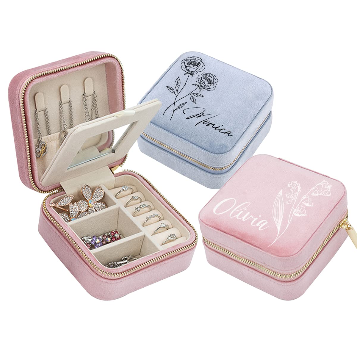 Personalized Velvet Jewelry Box - Custom Travel Jewelry Organizer for Bachelorette, Bridesmaid Gifts & Wedding Party Favors (Beige) - Perfect for Bridal Showers, Honeymoon, and Everyday Use