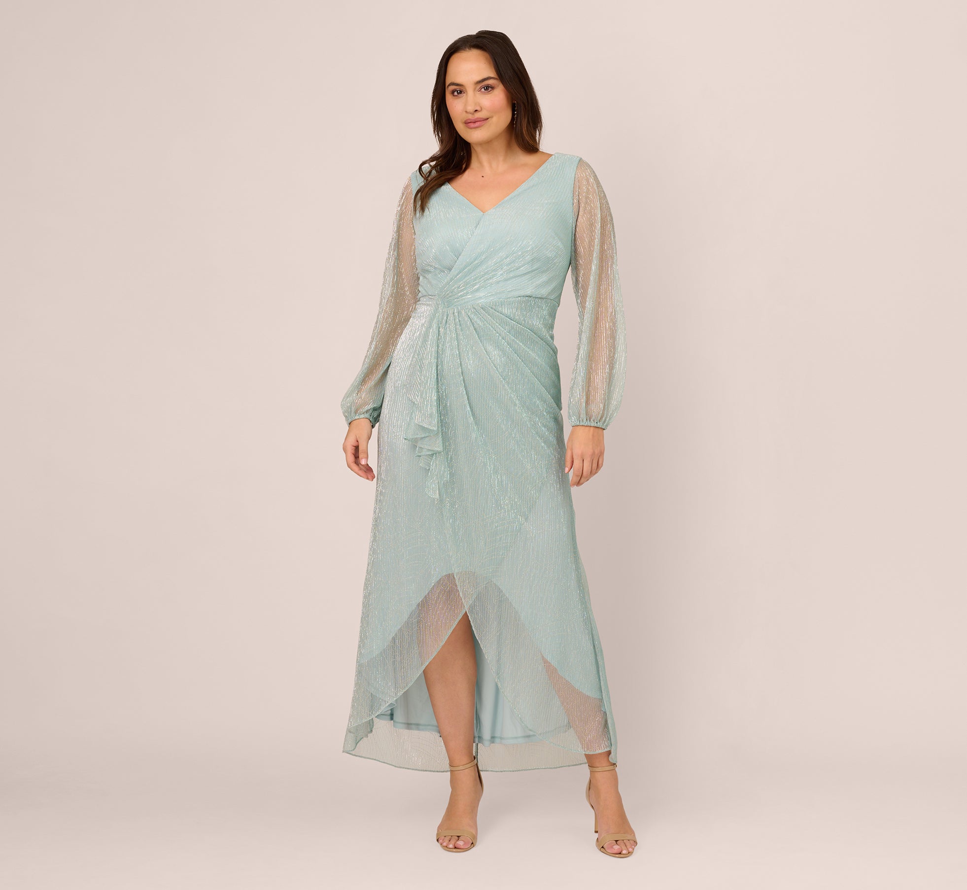 Plus Size Crinkle Metallic Gown with Sheer Bishop Sleeves & Draped Details in Mint Smoke - Elegant Formal Dress for Weddings, Prom, Evening Parties & Special Occasions