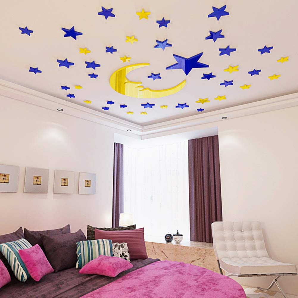 3D DIY Acrylic Stars Moon Wall Decal - Blue & Yellow Removable Wall Stickers for Living Room, Bedroom, Kids Room Decor | Perfect for Home, Nursery & Office Background Design