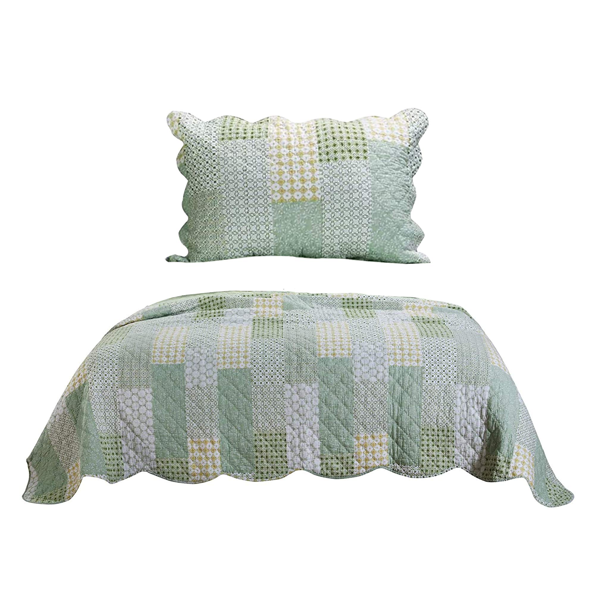 Benjara Reversible Twin Size Quilt Set - Geometric Pattern Design in Green | Soft Fabric Bedding for Guest Room, Dorm & Cozy Home Decor