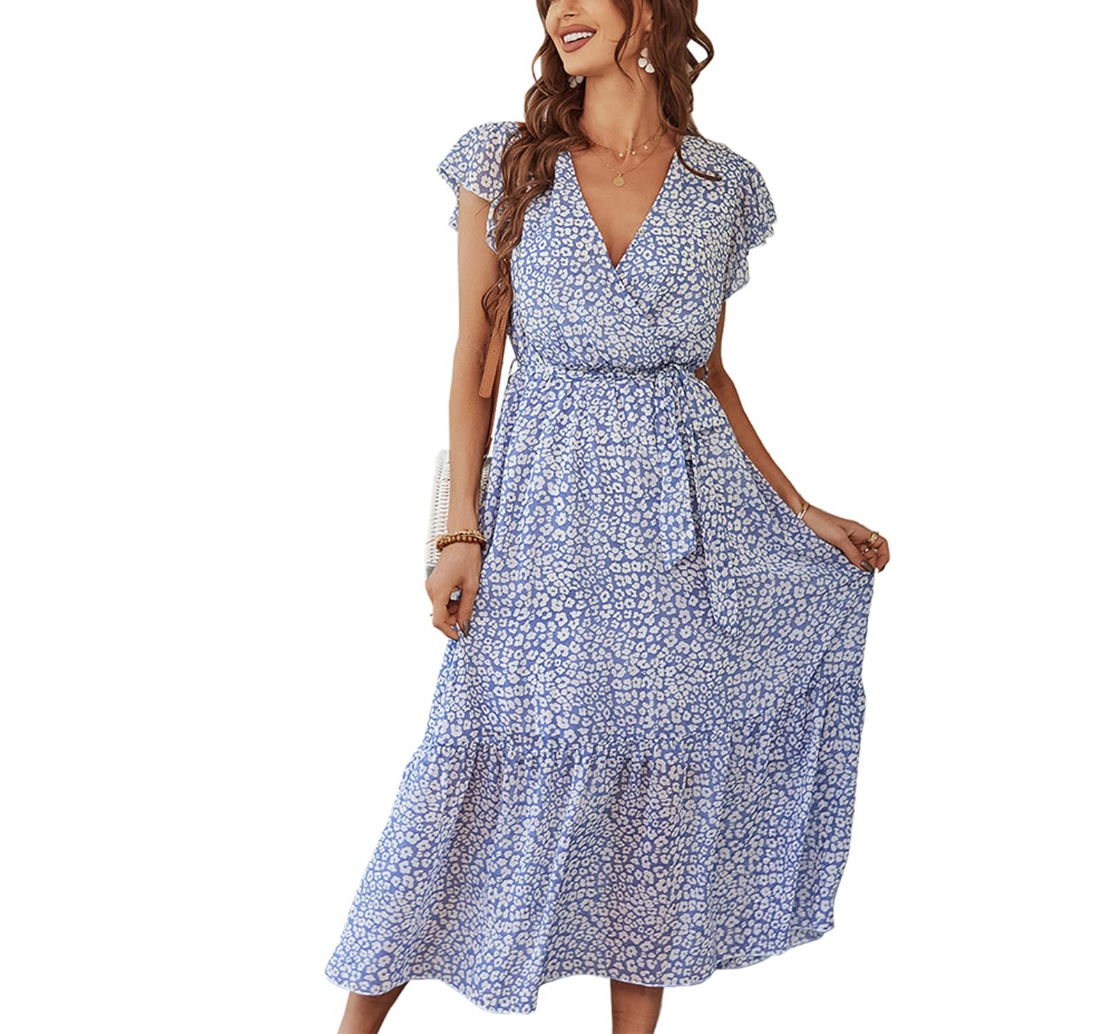 Women's Summer Dresses 2022 - Casual Loose Bohemian Floral Chiffon Dress with Tie Waist | Beach Vacation, Garden Party & Date Night Outfits