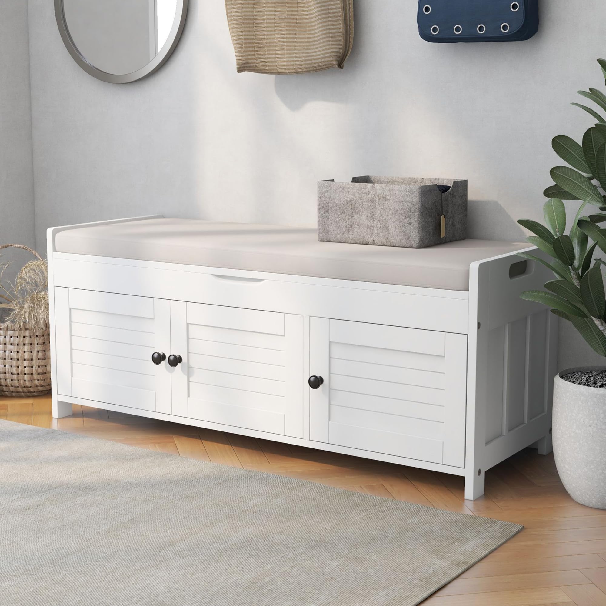 P PURLOVE Storage Bench with Removable Cushion - 3 Shutter Doors & Hidden Storage Space - Entryway Bench for Living Room, Hallway & Bedroom - White - Perfect for Organizing Shoes, Blankets & Home Decor