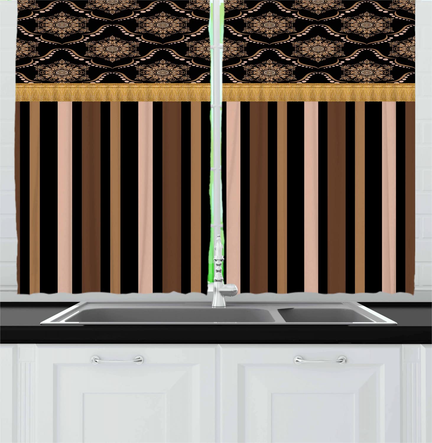 Ambesonne Victorian Style Long Kitchen Curtains - Vintage Earth Tone Stripes & Damask Pattern, 2 Panels with Rod Pocket, 55