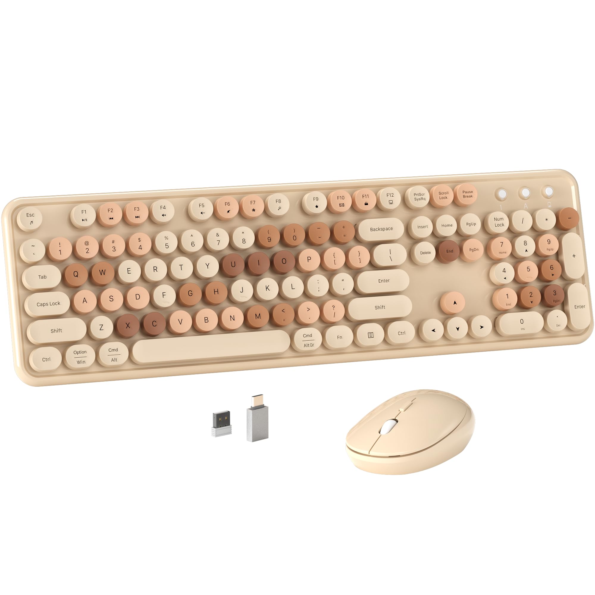 Vintage Style Wireless Keyboard and Mouse Combo - Round Typewriter Keycaps, 2.4GHz Connectivity, Ergonomic Design for Windows/Mac/PC (Milk Tea Color) - Perfect for Home Office, Gaming & Retro Computing Enthusiasts