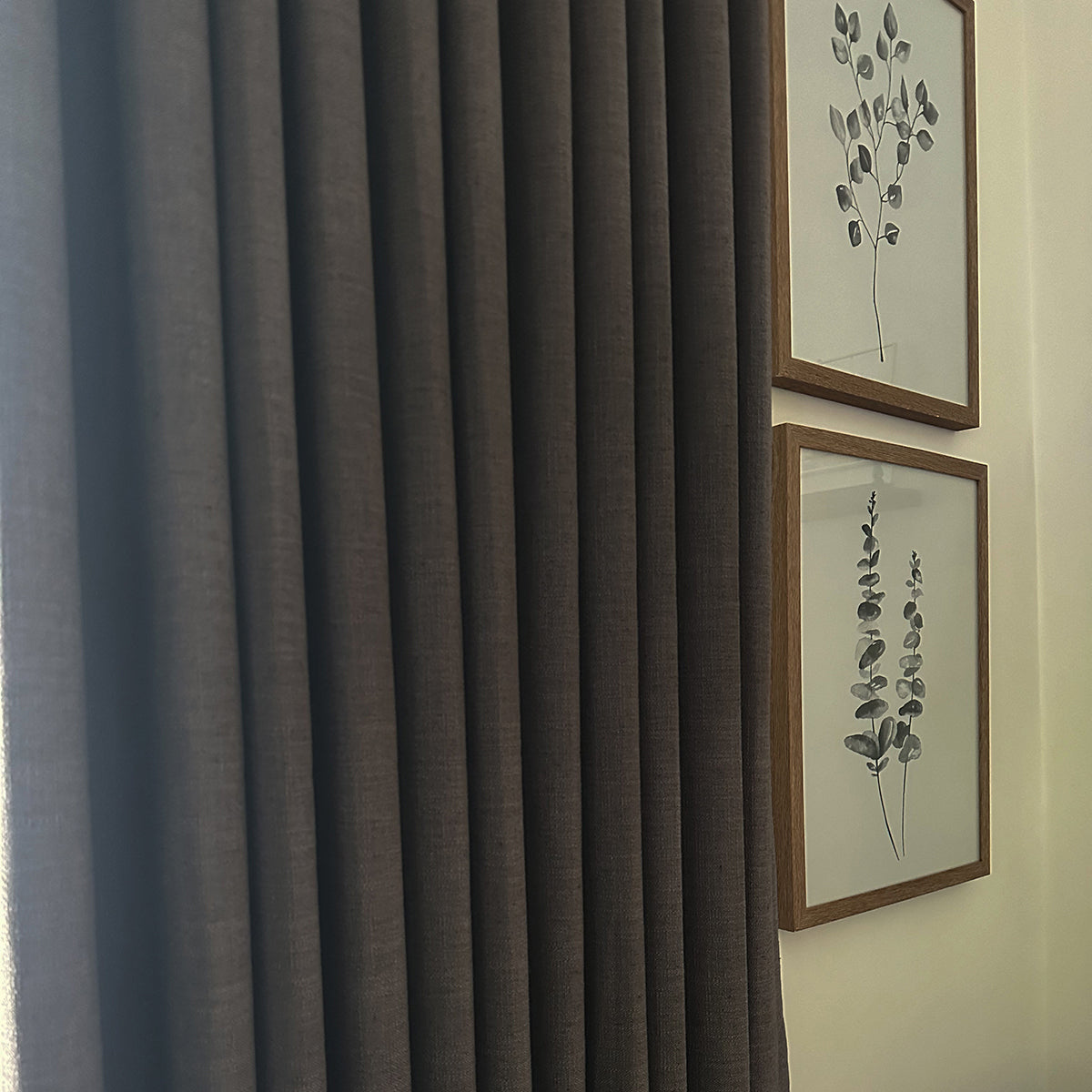 Pinch Pleated Blackout Curtains - Linen Memory Fabric, Natural Oak & Dim Grey - Modern Custom Drapes for Living Room & Bedroom - Light Blocking & Noise Reducing Window Treatments