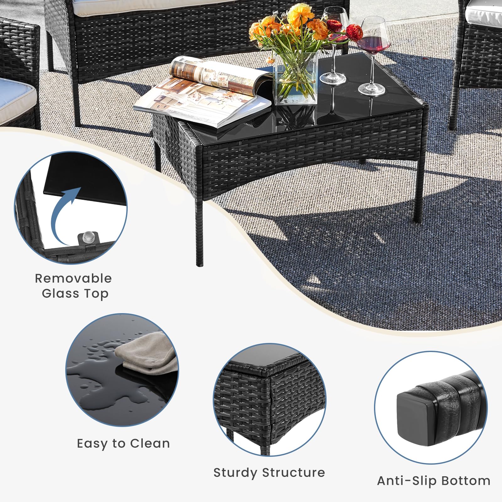 DUMOS 4-Piece Outdoor Patio Furniture Set - Modern Wicker Rattan Sofa & Coffee Table Conversation Set for Garden, Terrace, Porch, Balcony - Weather-Resistant Black & Beige Design | Perfect for Backyard Relaxation, Poolside Lounging & Outdoor Entertaining