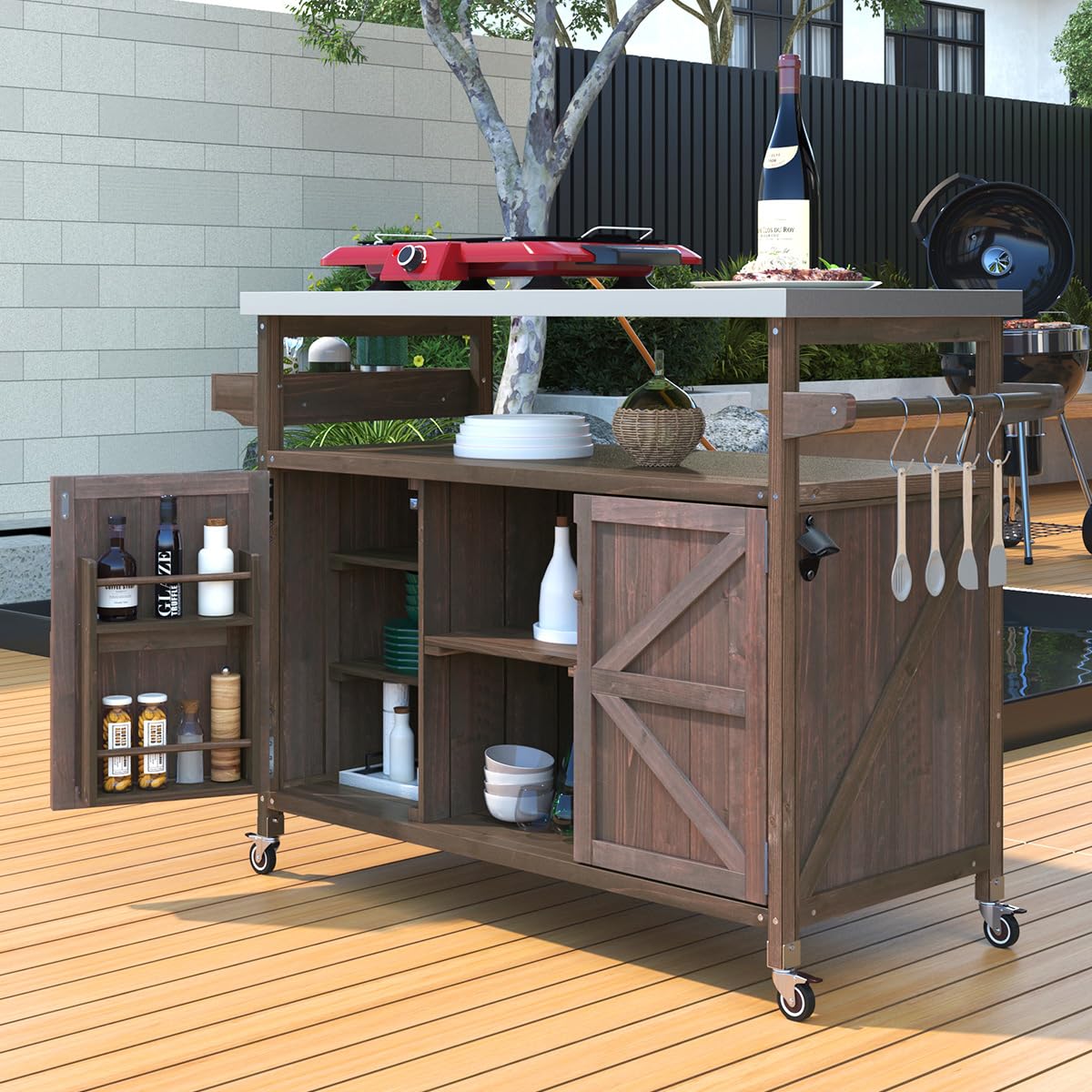 Outdoor Rolling Kitchen Island on Wheels with Storage Cabinet - Solid Wood Mobile Kitchen Cart with Stainless Steel Top - Farmhouse Style Grill Cart for Patio, BBQ & Outdoor Cooking (Dark Brown)