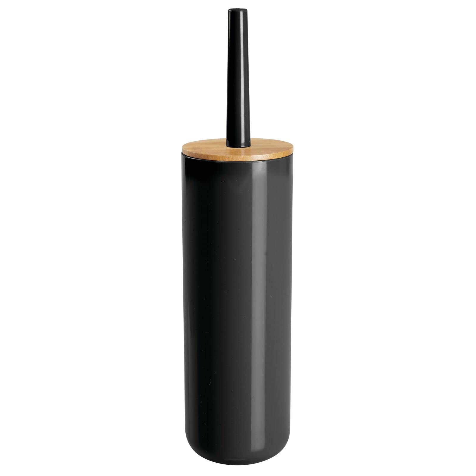 mDesign Plastic Toilet Bowl Brush with Bamboo Lid Cover - 2 Piece Bathroom Organizer Set | Space Saving Storage Solution | Modern Bathroom Decor Accessories in Natural & Black | Perfect for Small Bathrooms, Apartments and Guest Baths