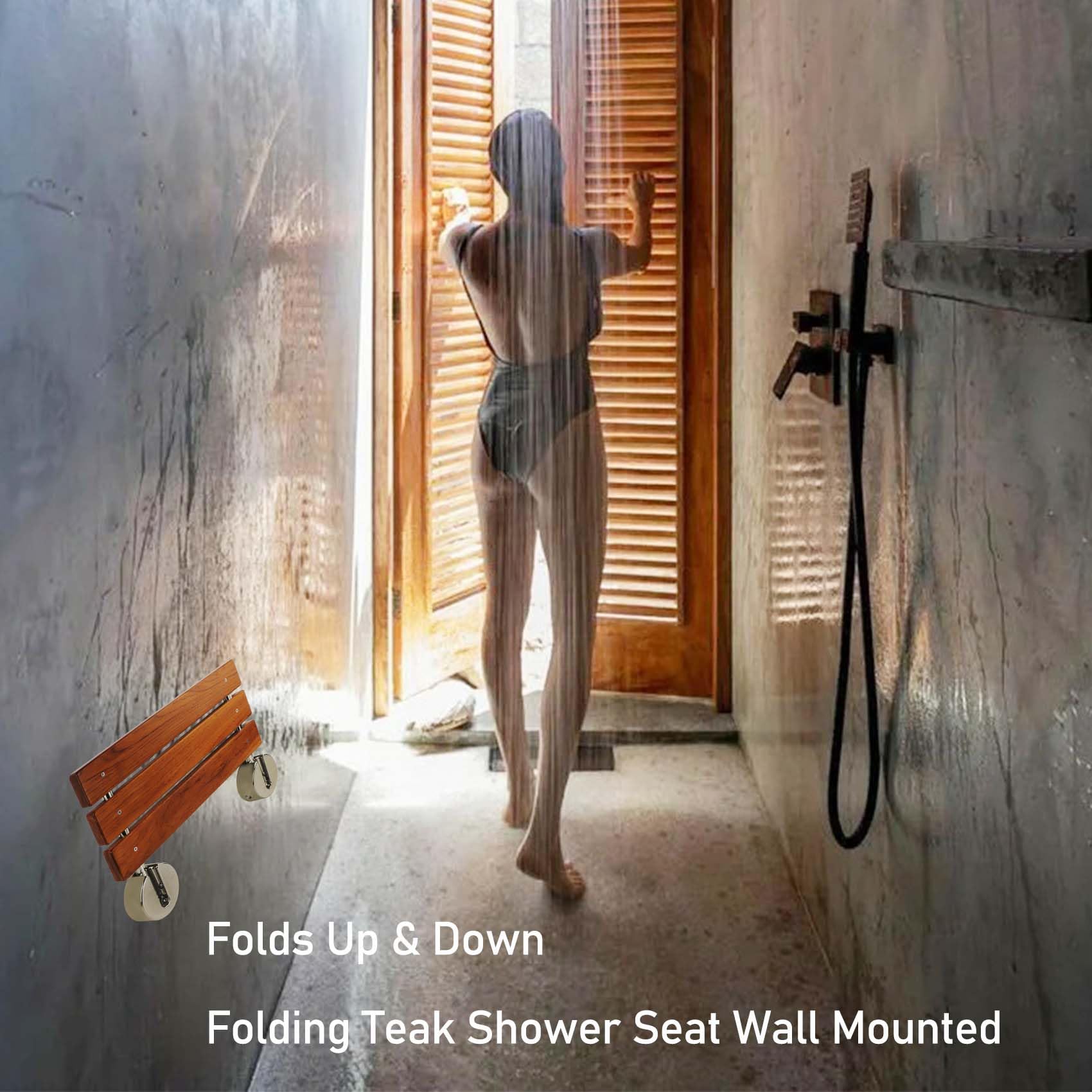 20 Inch Brushed Nickel Folding Teak Shower Seat - Wall Mounted Fold Down Shower Bench for Elderly & Disabled - Waterproof Bathroom Shower Chair for Home Care & Spa Use