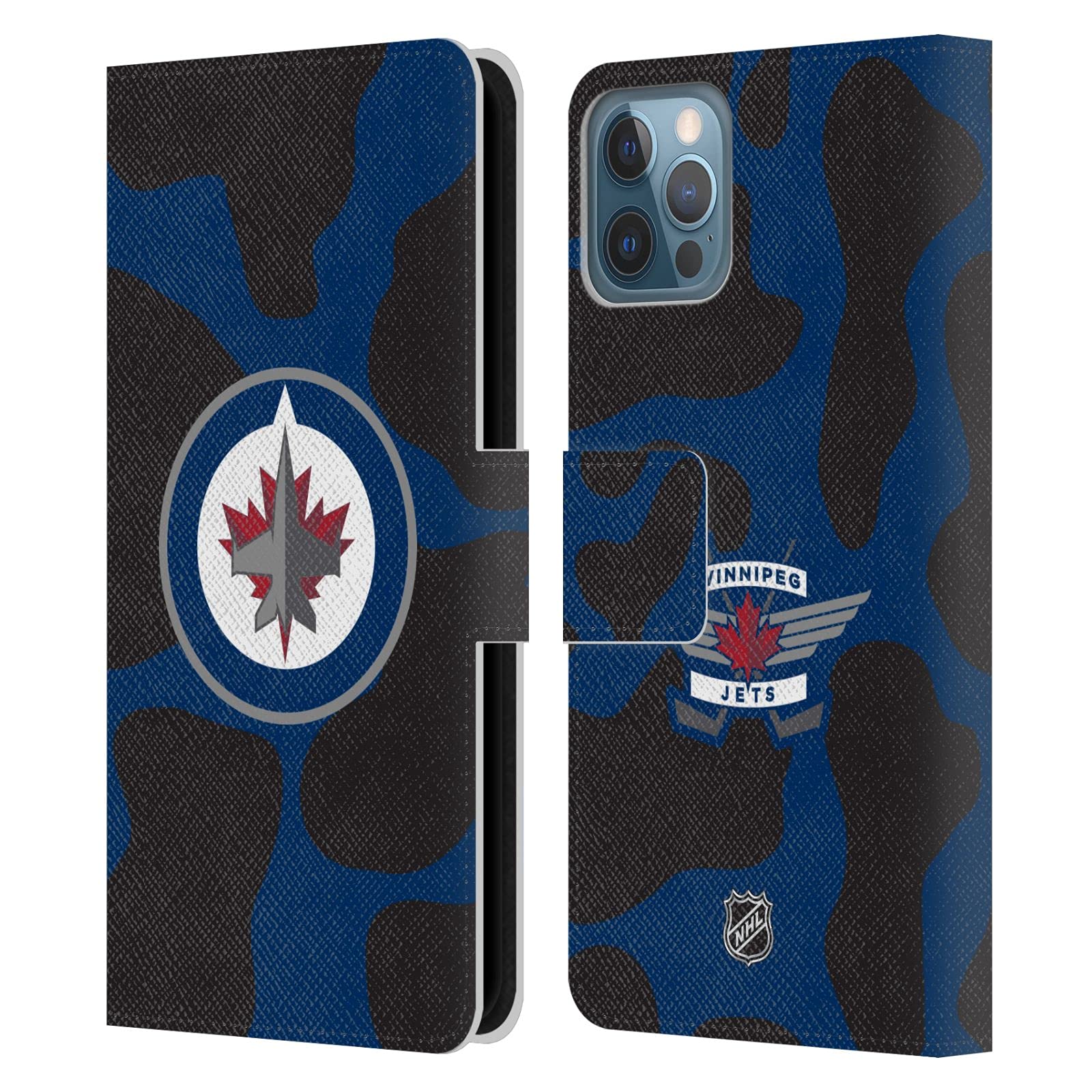 Officially Licensed NHL Winnipeg Jets Cow Pattern Leather Wallet Case for Apple iPhone 12/12 Pro - Stylish Protective Phone Cover for Hockey Fans & Everyday Use