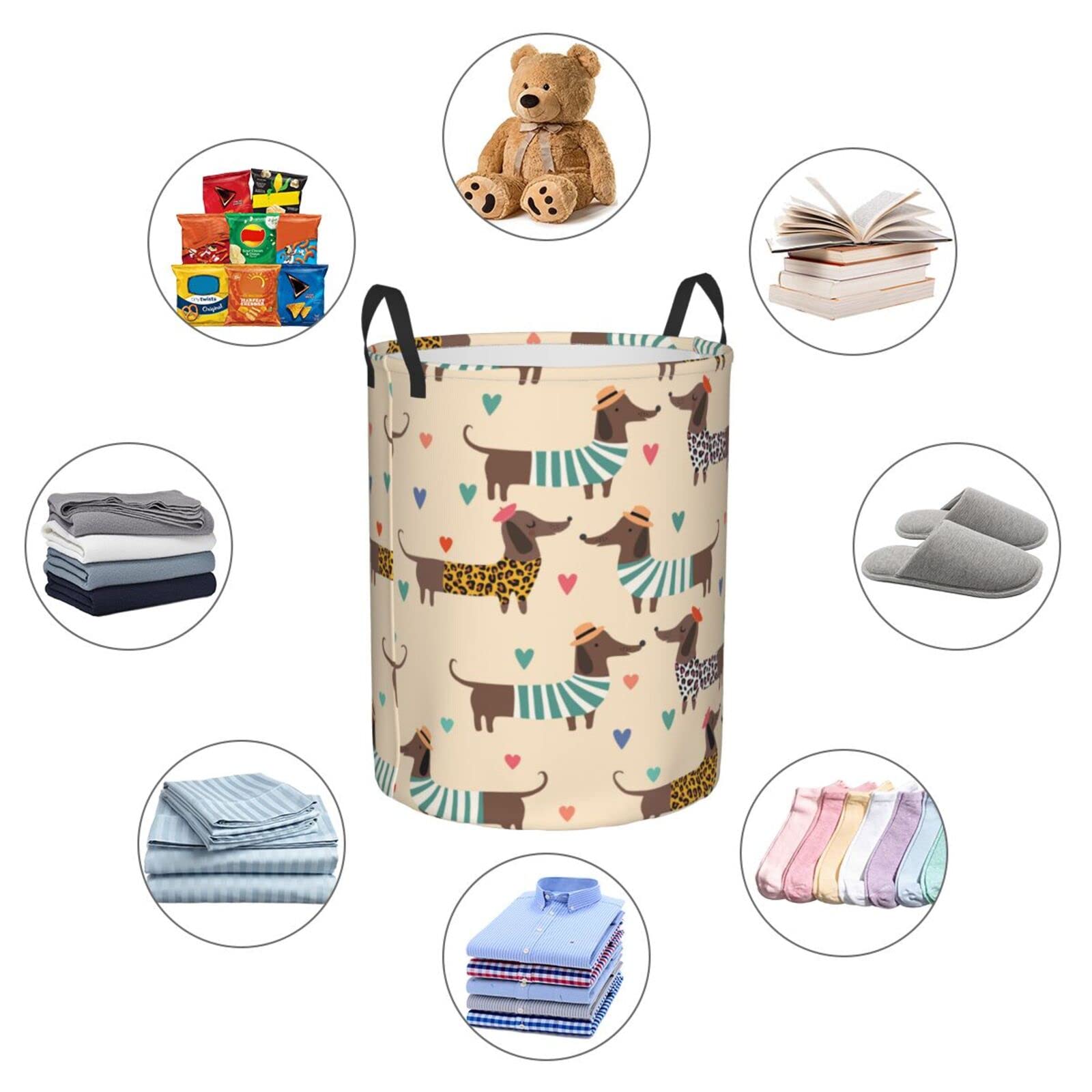 Waterproof Collapsible Laundry Basket with Handle - Large Fabric Hamper Organizer for Dirty Clothes, Toys & Bathroom Storage | Leopard Print Dachshund Design | Perfect for Pet Owners, Laundry Room & Small Spaces
