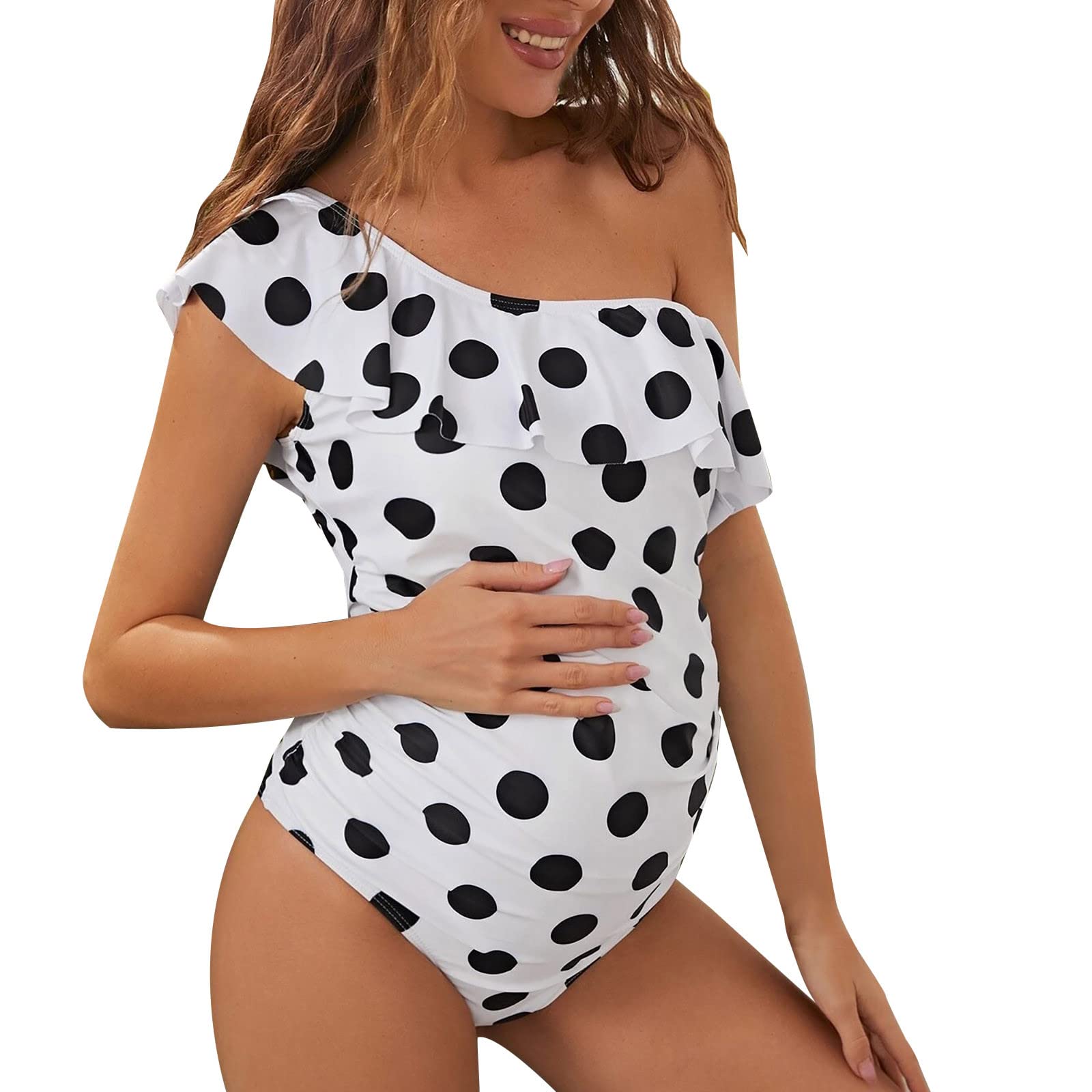 Women's One Shoulder Maternity Swimsuits - Vintage Polka Dot Ruffled One Piece Monokini Bathing Suit for Pregnancy Beach & Pool Wear