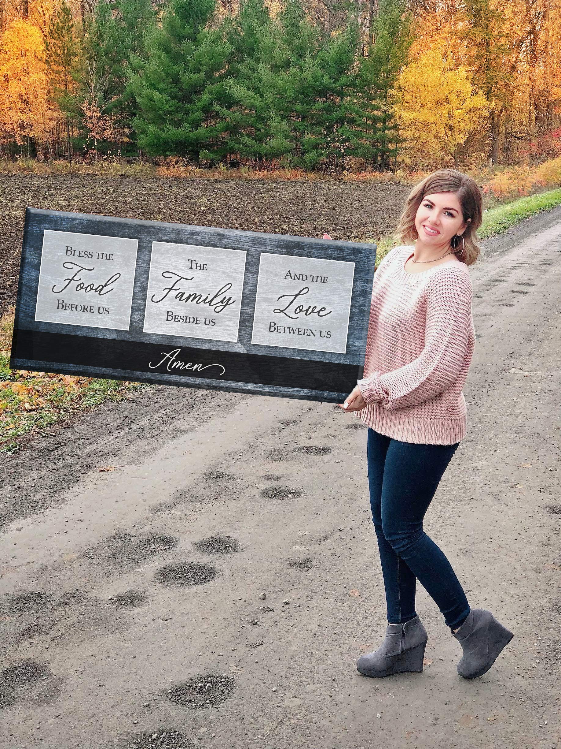 Bless the Food V2 Blue Framed Kitchen Wall Art Sign - 42x19 Inch Rustic Dining Room Decor for Farmhouse & Modern Homes - Perfect for Kitchens, Dining Areas & Entryway Decorations