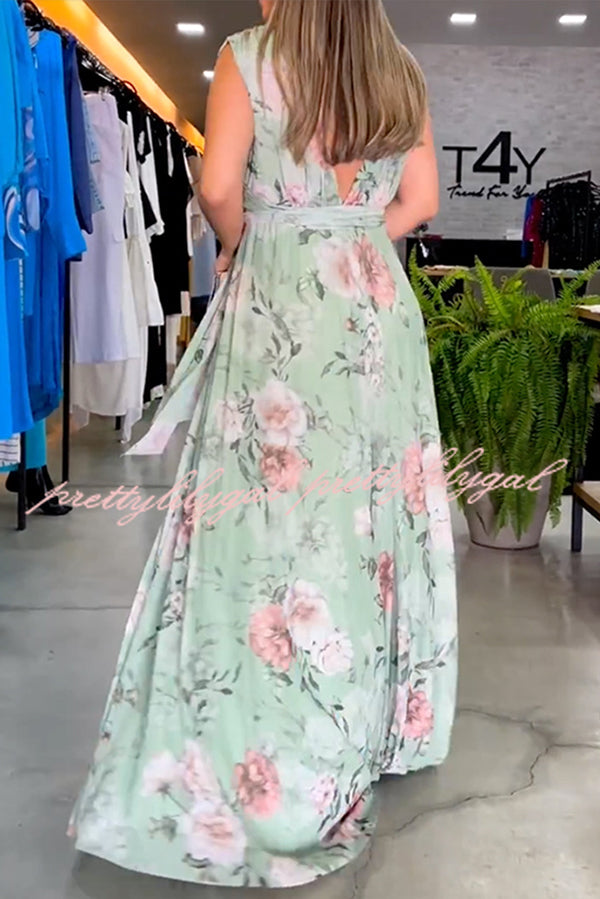 Floral Print V-Neck Lace-Up Maxi Dress for Women - Summer Beach Wedding Party & Vacation Outfit