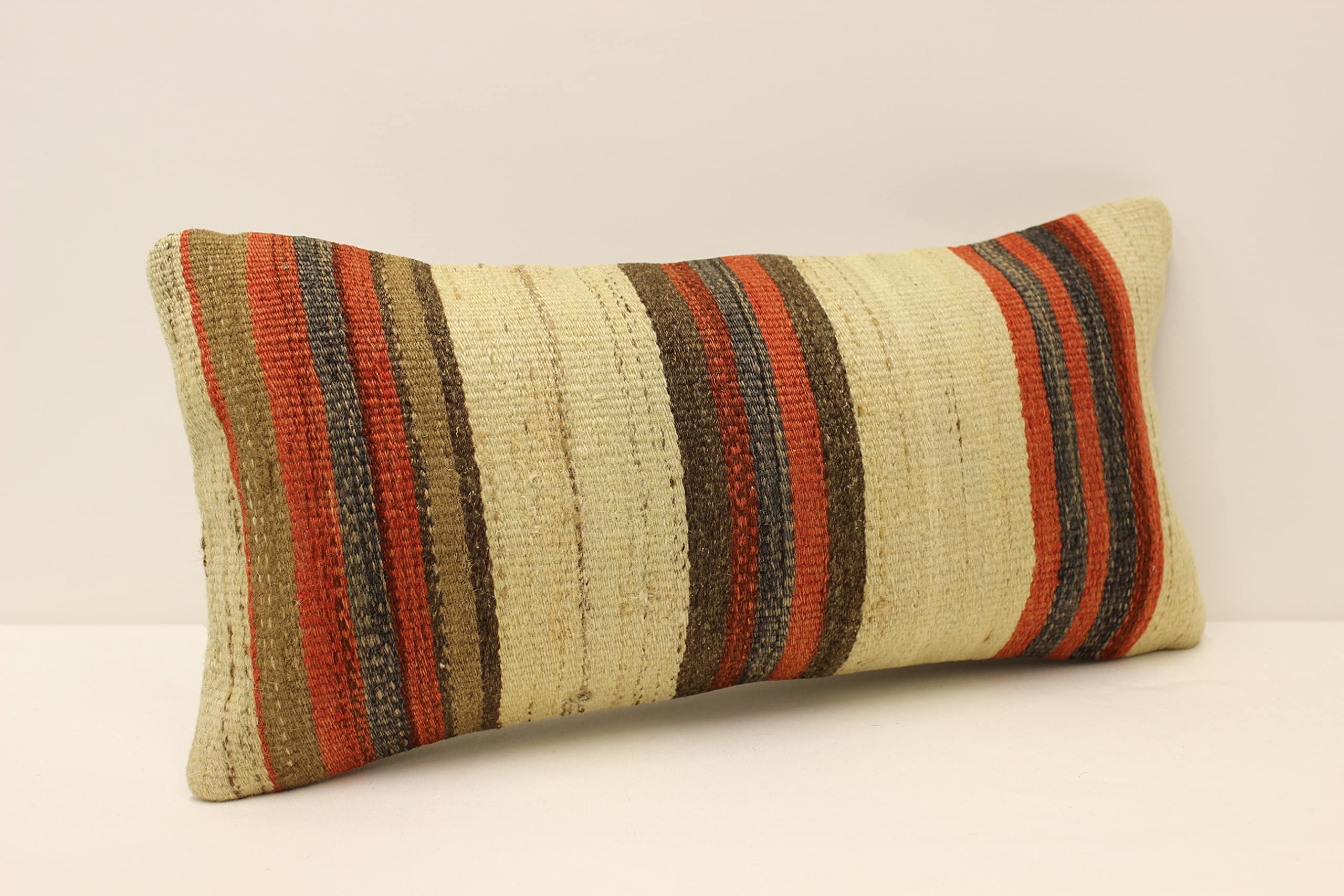 Turkish Kilim Pillow Cover 10x20 Inches (25x50 cm) - Handwoven Blue Yellow Red Decorative Throw Cushion for Sofa, Bed, Chair - Bohemian Home Decor & Lumbar Support Pillow