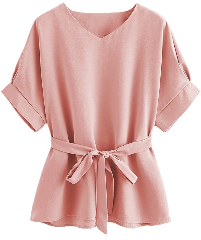 Milumia Women's Casual V-Neck Short Sleeve Blouse - Self-Tie Tunic Top for Work & Office Wear | Perfect for Business Casual, Date Night & Summer Outfits