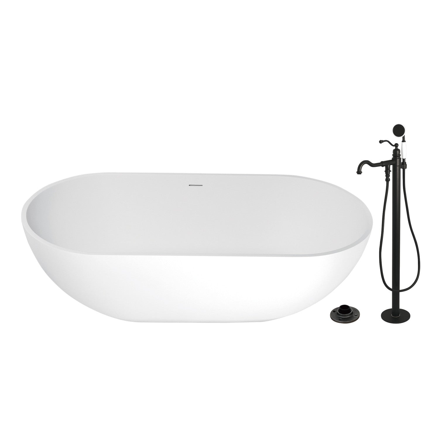Arcticstone 70 Inch Freestanding Oval Bathtub with Matte Black Faucet Combo - Solid Surface Double Ended Soaking Tub for Luxury Bathroom & Spa Relaxation at Home