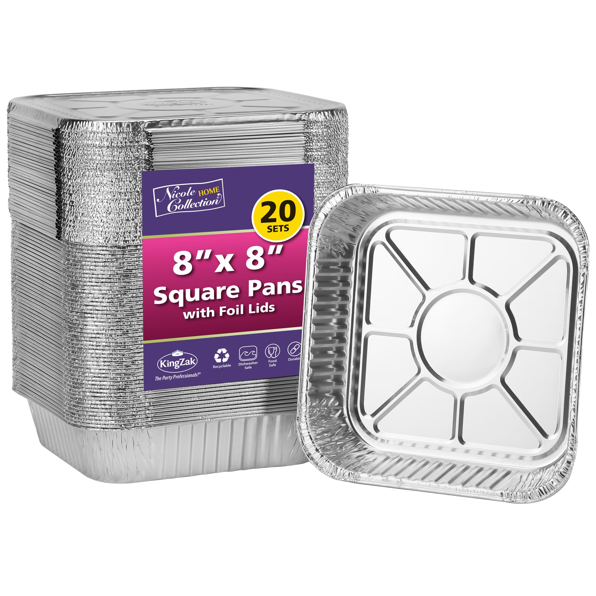 8x8 Inch Aluminum Baking Pans with Lids (20 Pack) - Disposable Square Cake Pans, Food Storage Containers for Baking, Cooking, Freezing & Meal Prep - Perfect for Cakes, Brownies, Lasagna & Party Catering