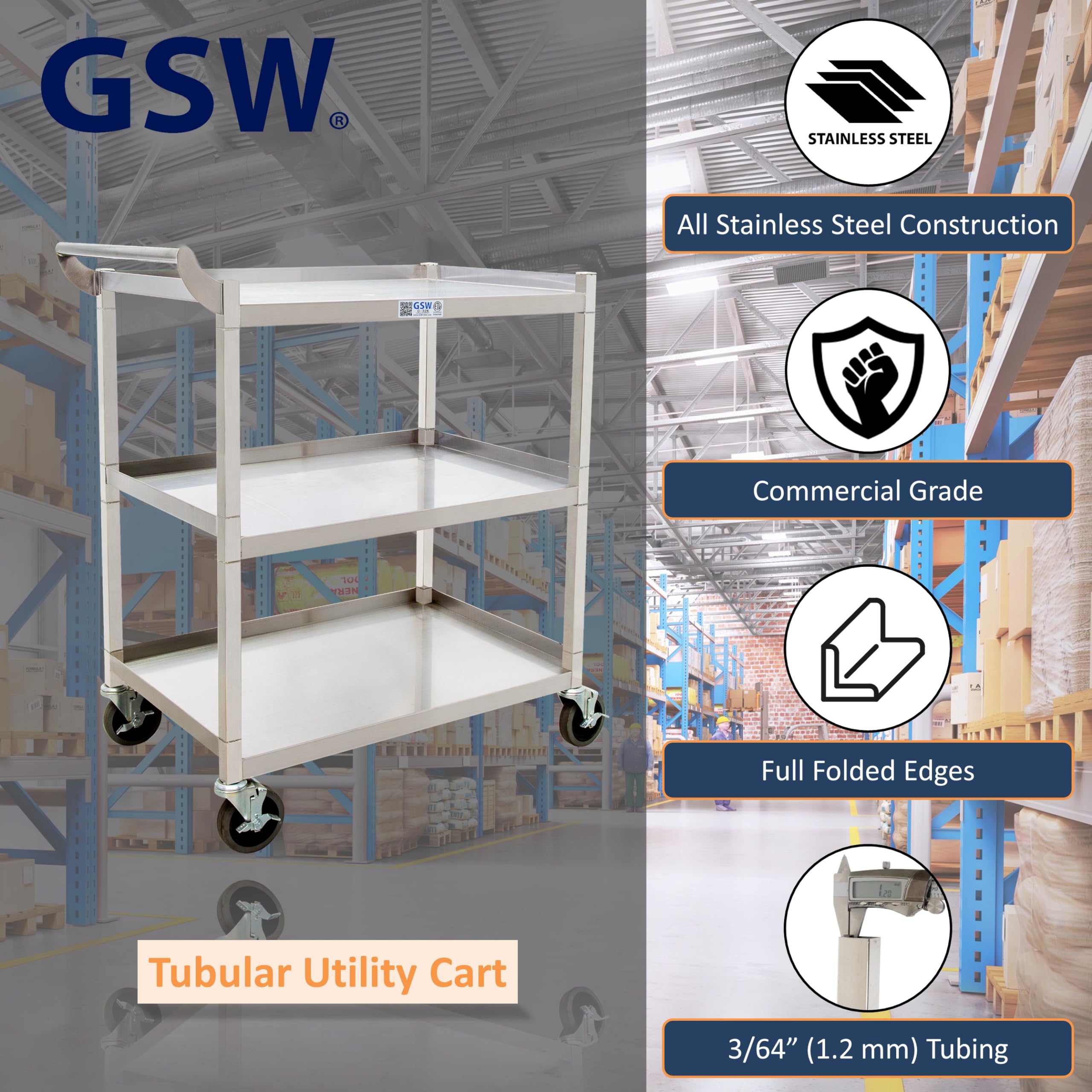 GSW C-31K 1-Inch Stainless Steel Utility Cart with 4-3/4