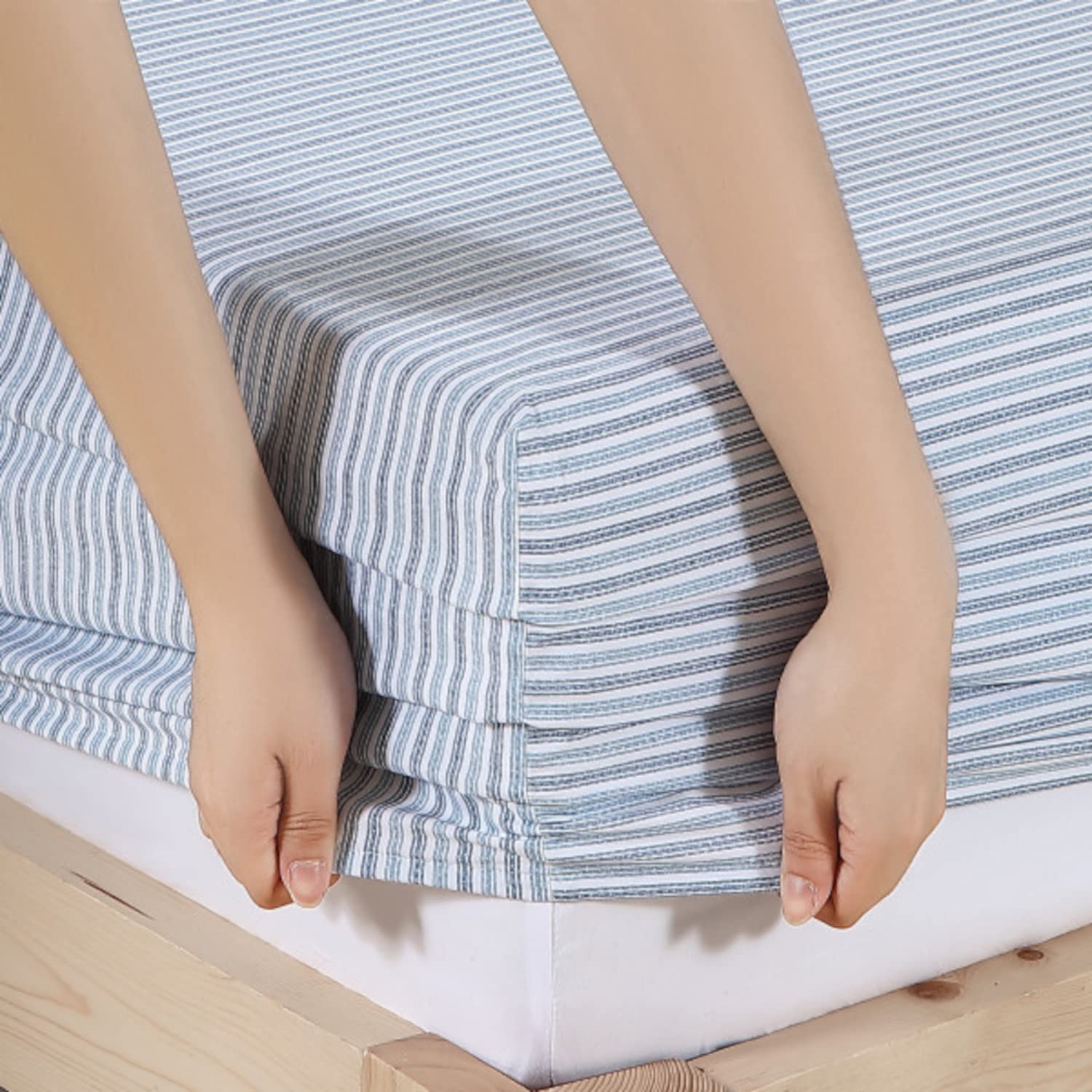 Eddie Bauer Queen Size Cotton Percale Sheet Set - Light Blue Ticking Stripe Bedding for Cool & Comfortable Sleep - Perfect for Master Bedroom, Guest Room & Vacation Homes