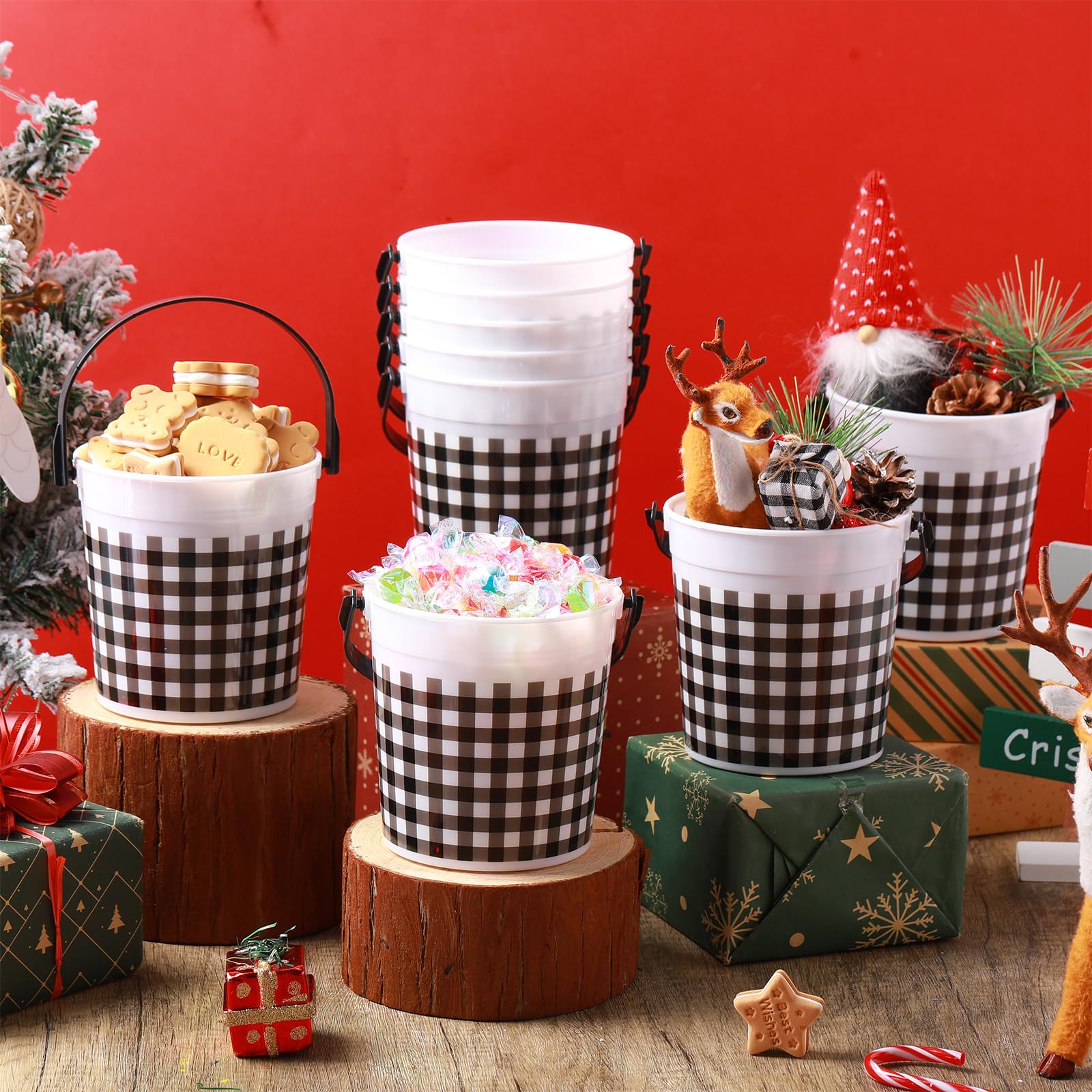24-Piece Set of 32 oz Plastic Buckets with Handles - Durable Grid Design for Home, Kitchen, Party Decor | Perfect for Candy Storage, Flower Vases, Toy Baskets & Winter Holiday Celebrations