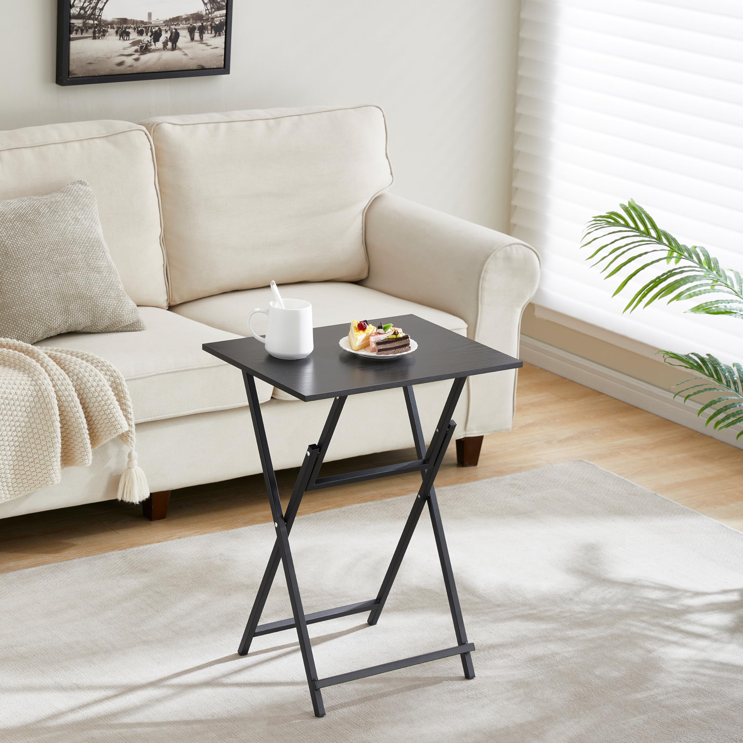 2-Pack Folding TV Tray Table Set - Portable Wooden Side Table for Sofa, Industrial Snack & Dinner Table - Space Saving End Table for Living Room, Bedroom, Office (Black) | Perfect for Movie Nights, Gaming Snacks & Small Space Dining