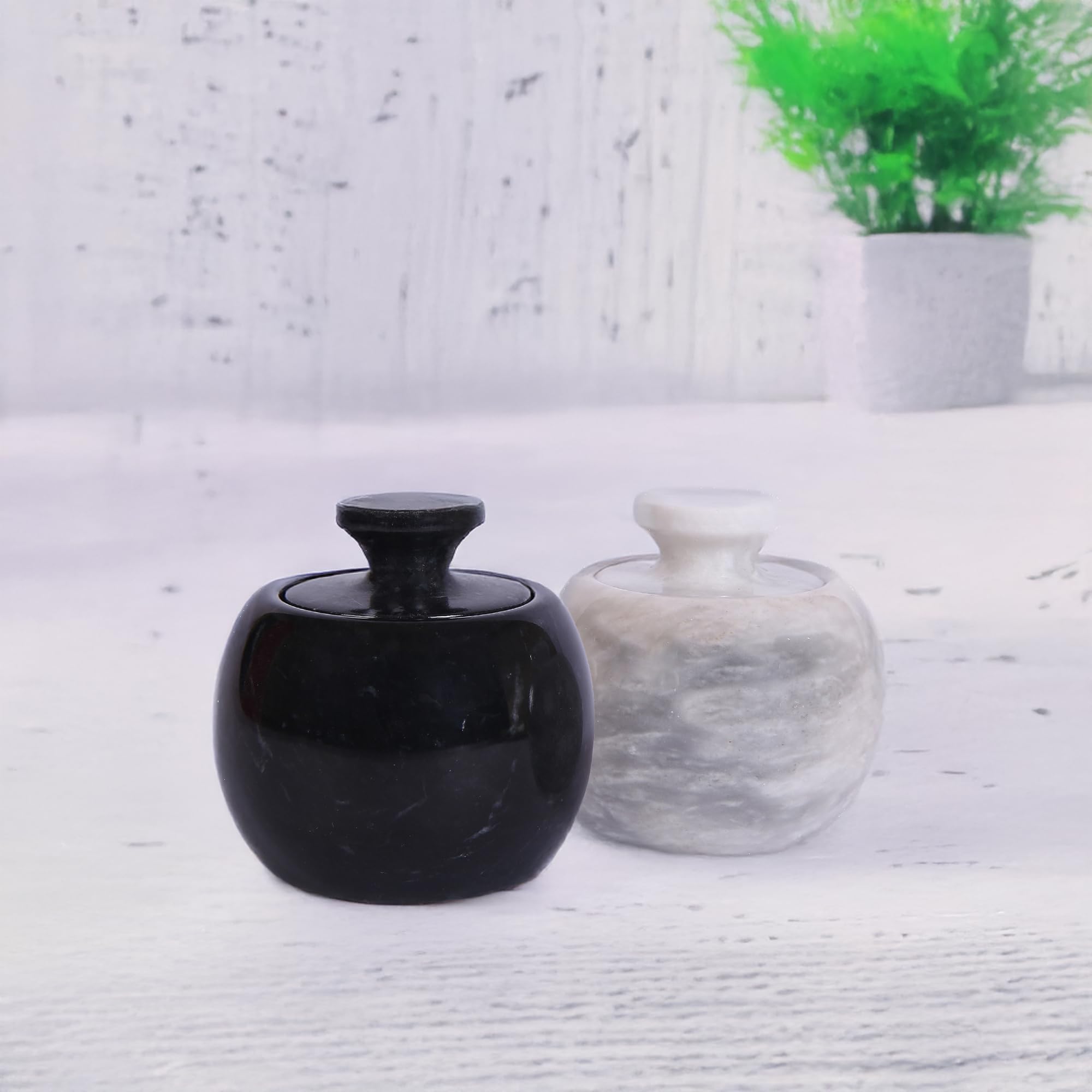 Premium Marble Salt Cellar with Lid - Set of 2 Elegant Marble Salt and Pepper Bowls - Airtight Spice Holder for Salt, Pepper, Paprika & Seasonings (Sunny Grey & Black, Style 02) - Perfect for Kitchen, Dining Table & Gourmet Cooking