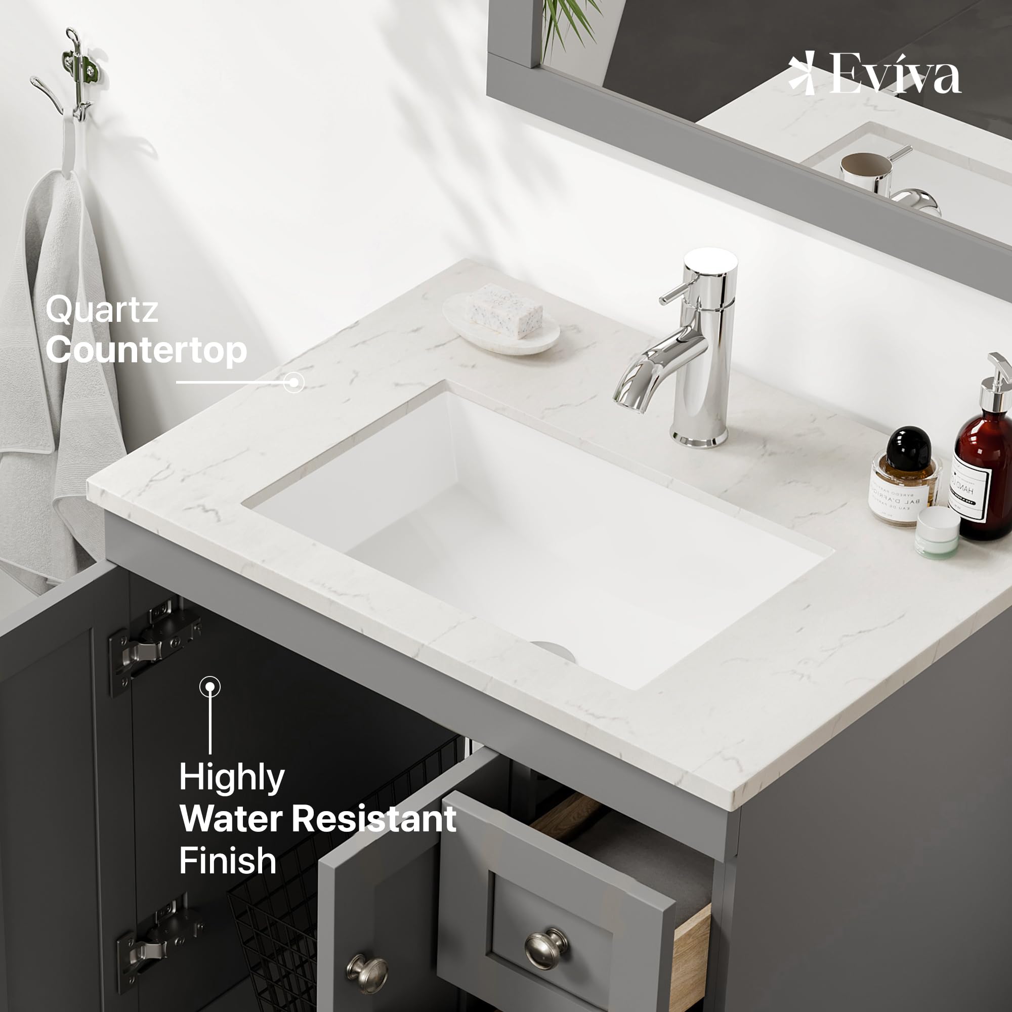 Eviva Happy 24 Inch Bathroom Vanity Set with Quartz Countertop & Porcelain Sink - Grey Small Bathroom Cabinet for Modern Spaces | Perfect for Powder Rooms, Guest Baths & Compact Master Bathrooms
