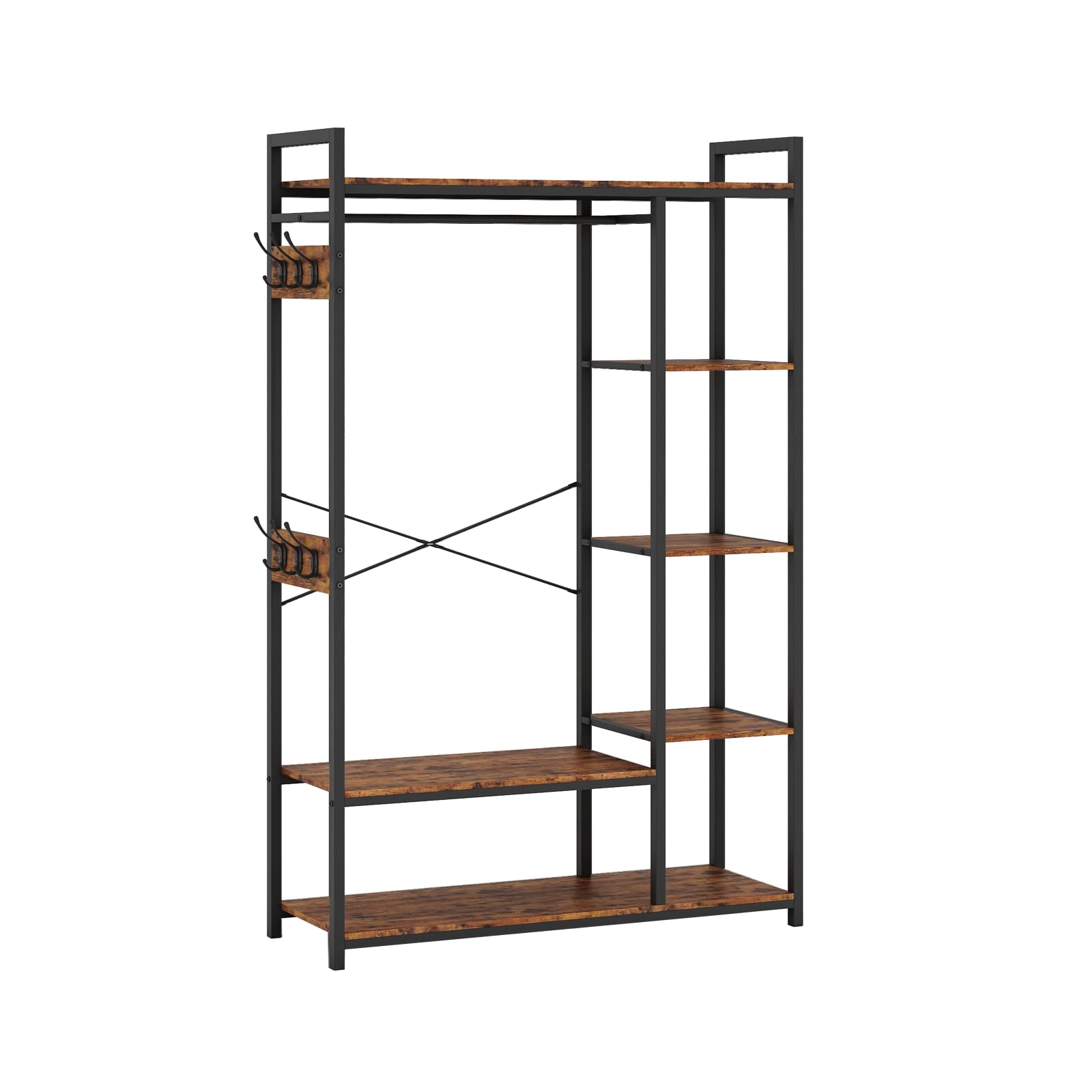 Free-Standing Closet Organizer with Storage Box & Side Hook - Portable Garment Rack with 6 Shelves & Hanging Rod - Black Metal Frame & Rustic Board Finish - Perfect for Bedroom, Closet, Dorm & Small Space Organization (Rustic Brown)