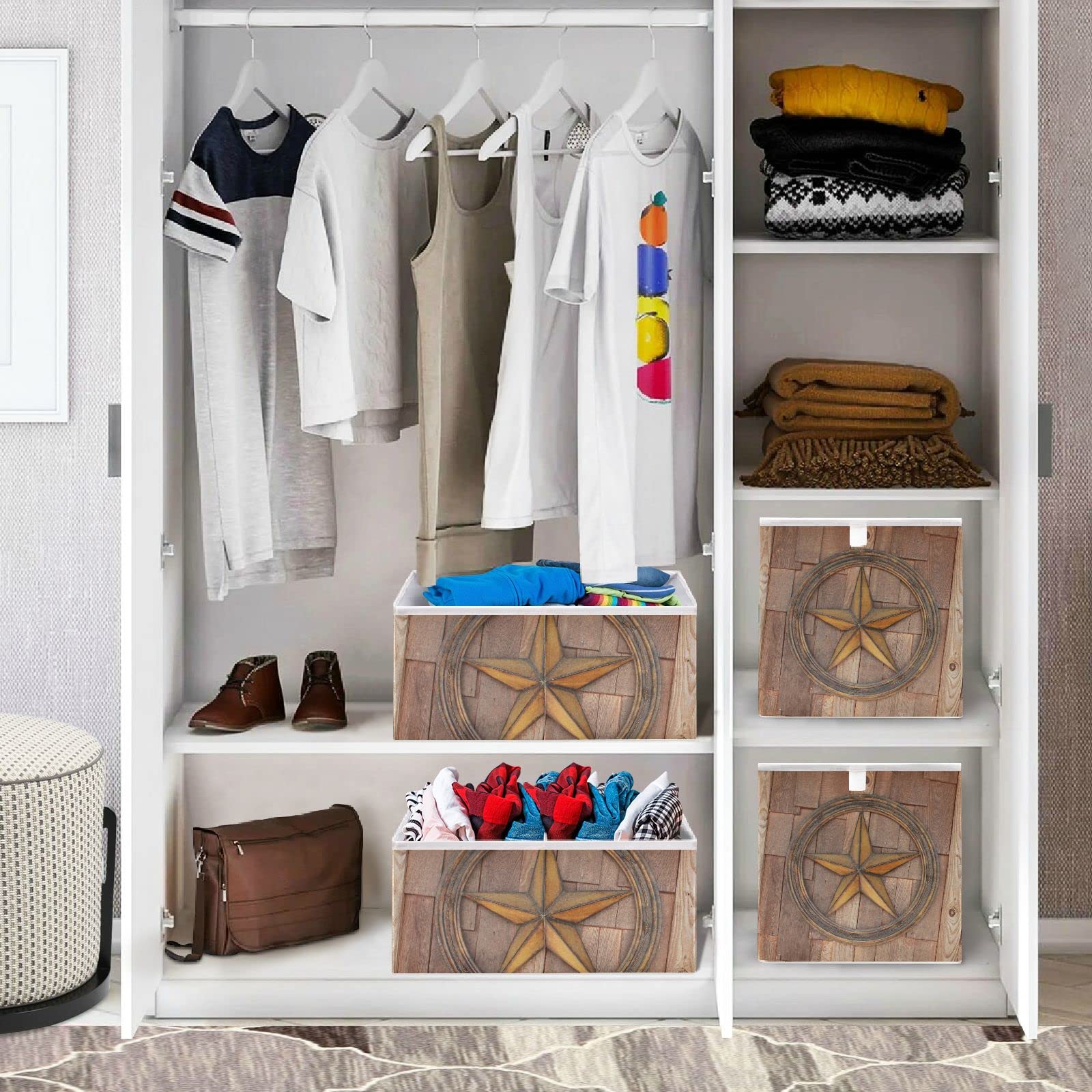 American Texas Star Wood Wall Square Collapsible Storage Bins - Foldable Fabric Toy Organizer with Handles for Nursery, Shelves & Closet | Perfect for Kids' Room Organization & Home Decor
