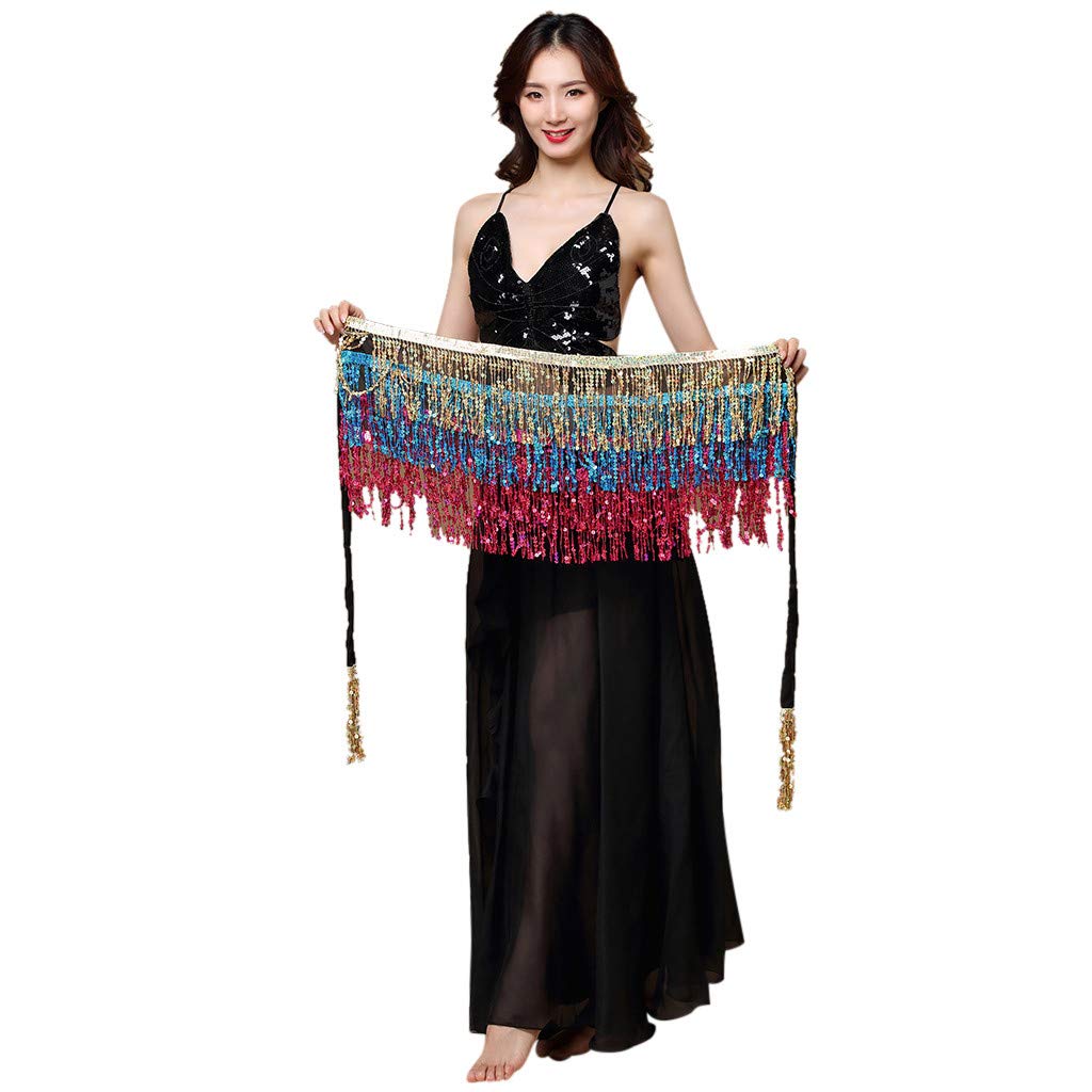 Sparkly Belly Dance Hip Wrap Skirt with Sequins & Tassels - Women's Beaded Scarf Outfit Belt for Performances & Costume Parties