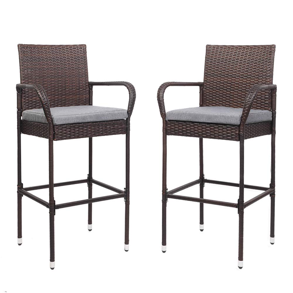 VINGLI 2-Piece Outdoor Wicker Bar Stool Set with Cushions - 30