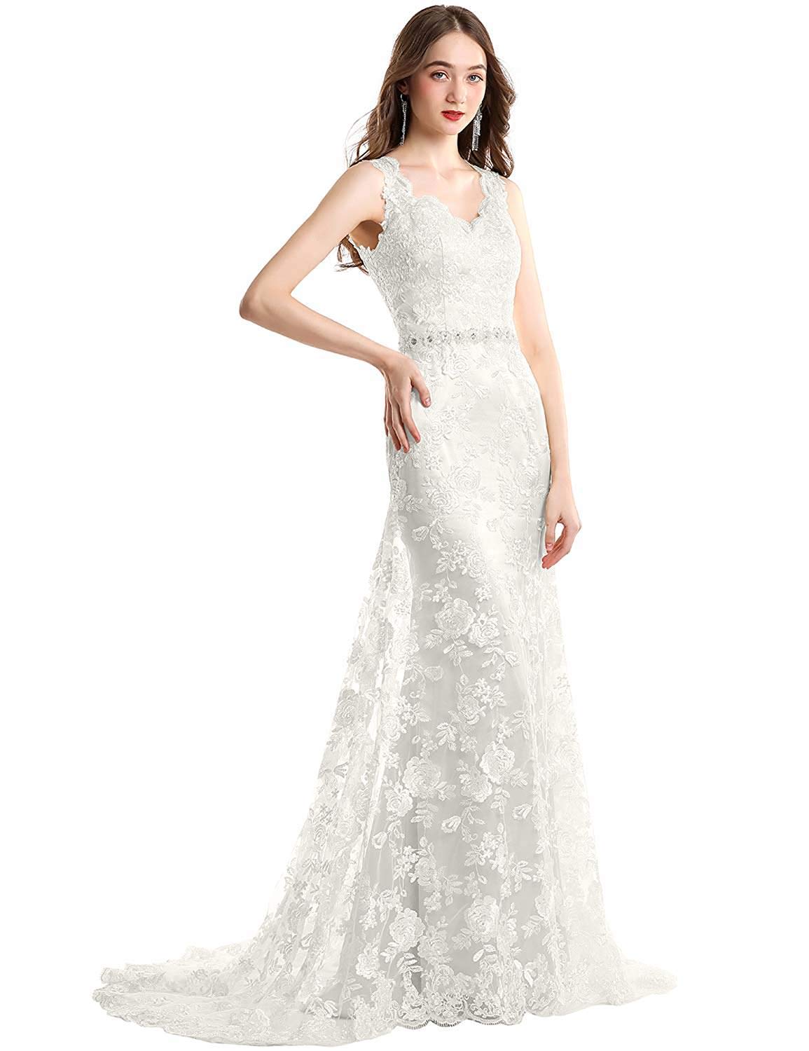 MKbridal Women's Vintage V-Neck Mermaid Wedding Dress - Long Sleeveless Lace Bridal Gown for Evening Prom, Beach Wedding & Formal Occasions