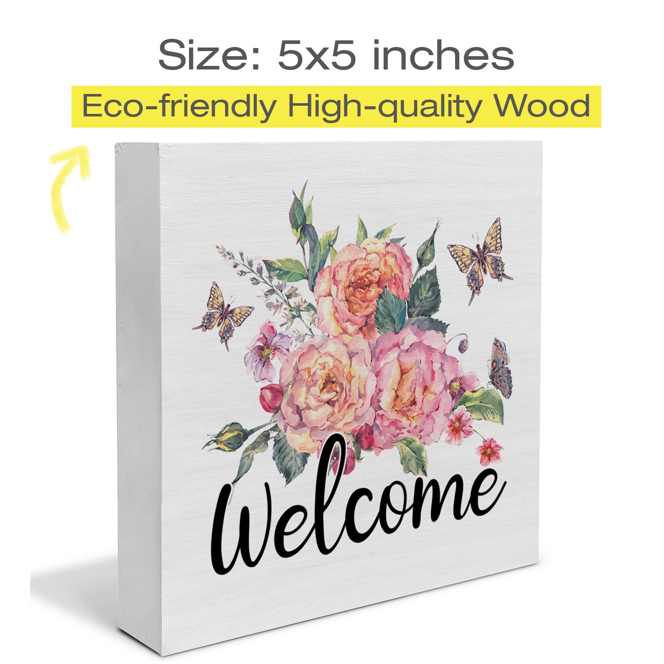 Floral Butterflies Welcome Wooden Box Sign - Farmhouse Spring Decor, 5x5 Inch Wooden Art Block for Desk, Shelf, or Tabletop - Perfect for Home, Office, and Gift Giving