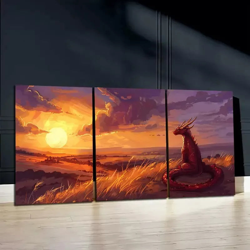 3-Piece Young Dragon Watching Sunset Wall Art Set - Framed Canvas 50x70cm | High Quality Print | 100% Australian Made | Ready to Hang | Perfect for Living Room, Bedroom & Office Decor
