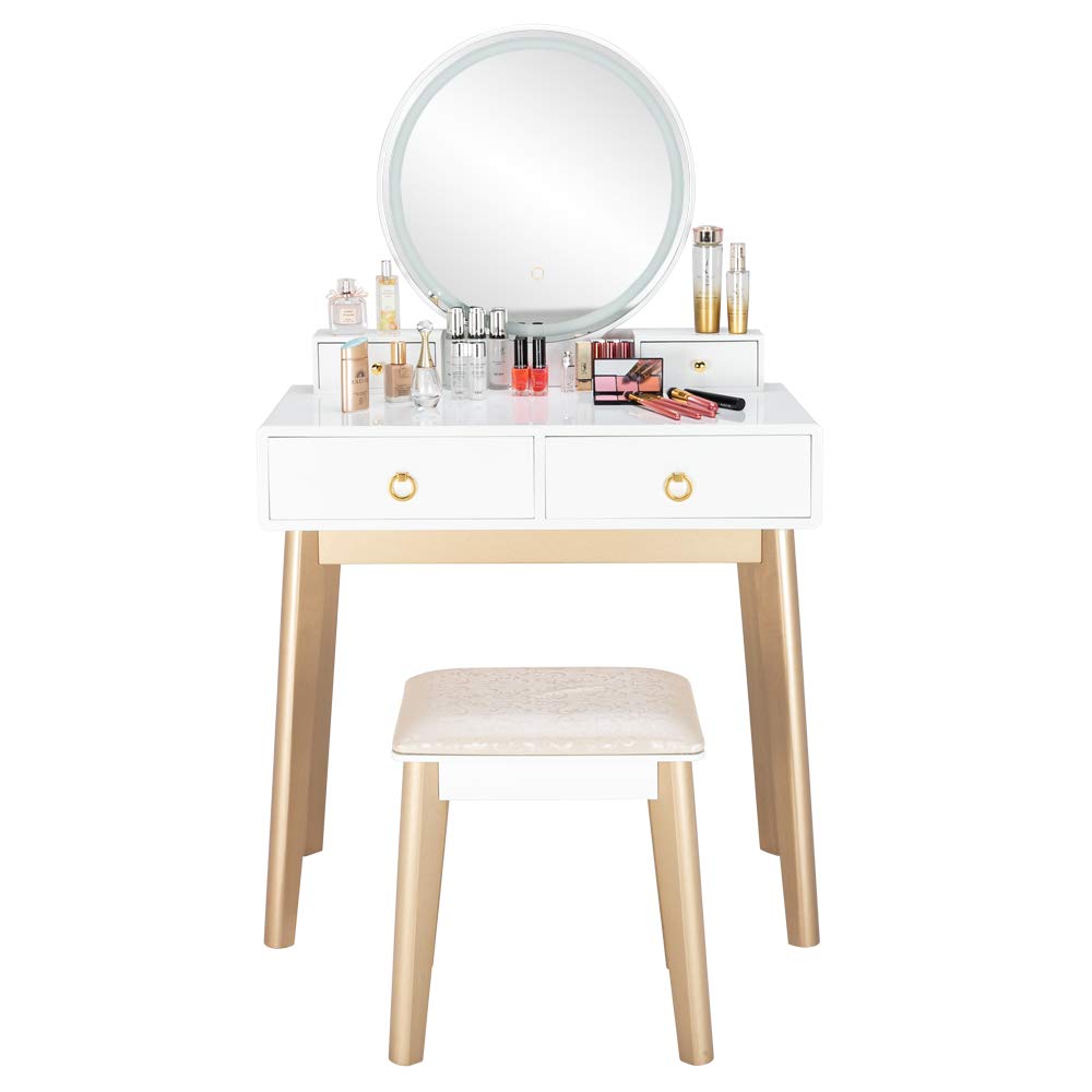 HomVent Vanity Set with Mirror - 3 Color Lighting Modes, Makeup Dressing Table with 4 Drawers & Cushioned Stool for Bedroom | Women's Dressing Desk (White) - Perfect for Makeup Application, Skincare Routine & Home Decor