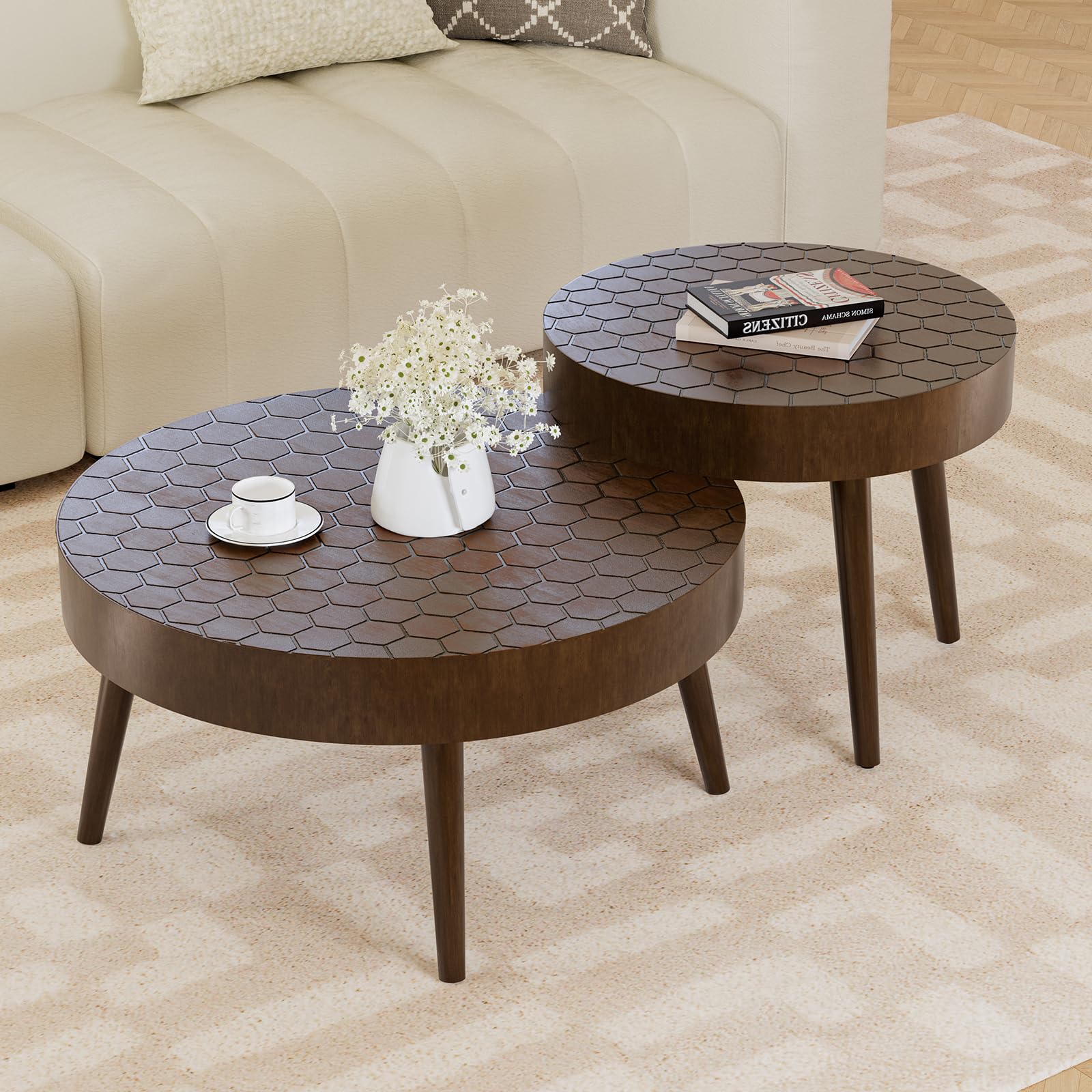 HOMPUS 2-Piece Round Nesting Coffee Table Set with Honeycomb Pattern Tabletop & Wood Grain Finish - Modern Wood Leg Living Room Tables for Small Spaces, Apartments & Cozy Home Decor