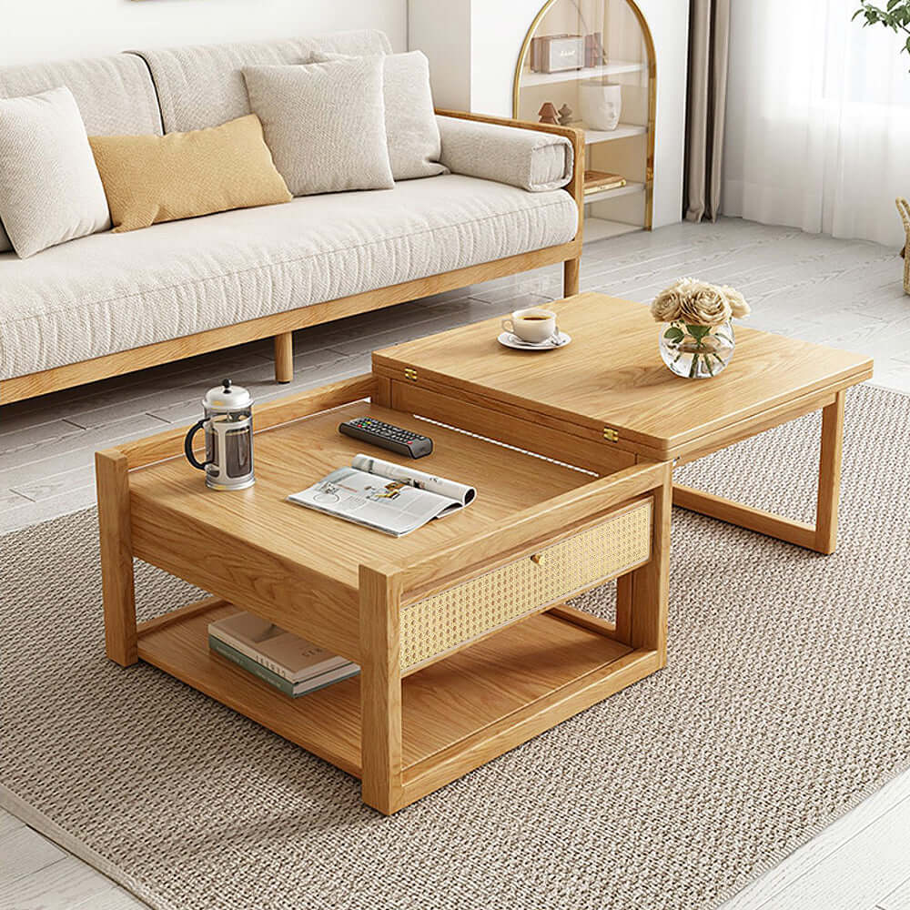 Modern Japandi Style Wooden Folding Coffee Table Set with Rattan Nesting Accent - Space-Saving Dining Table for Small Living Rooms, Apartments & Outdoor Patios