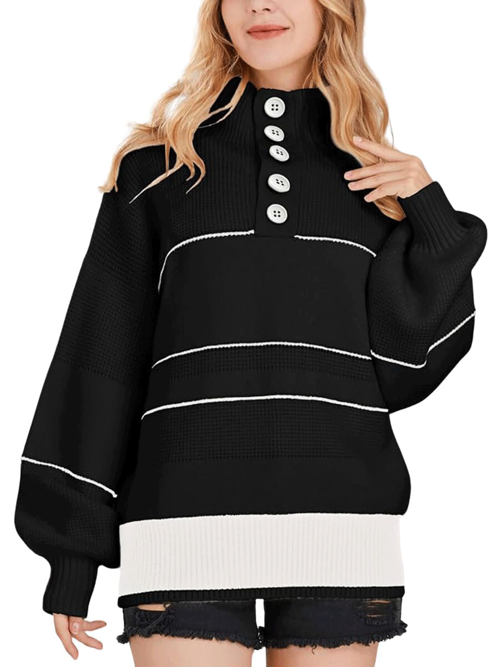 UTCoco Women's 2025 Waffle Knit Sweater - Striped Polo Collar Long Sleeve Pullover Top | Cozy Fall & Winter Fashion for Office, Casual Outfits & Date Nights