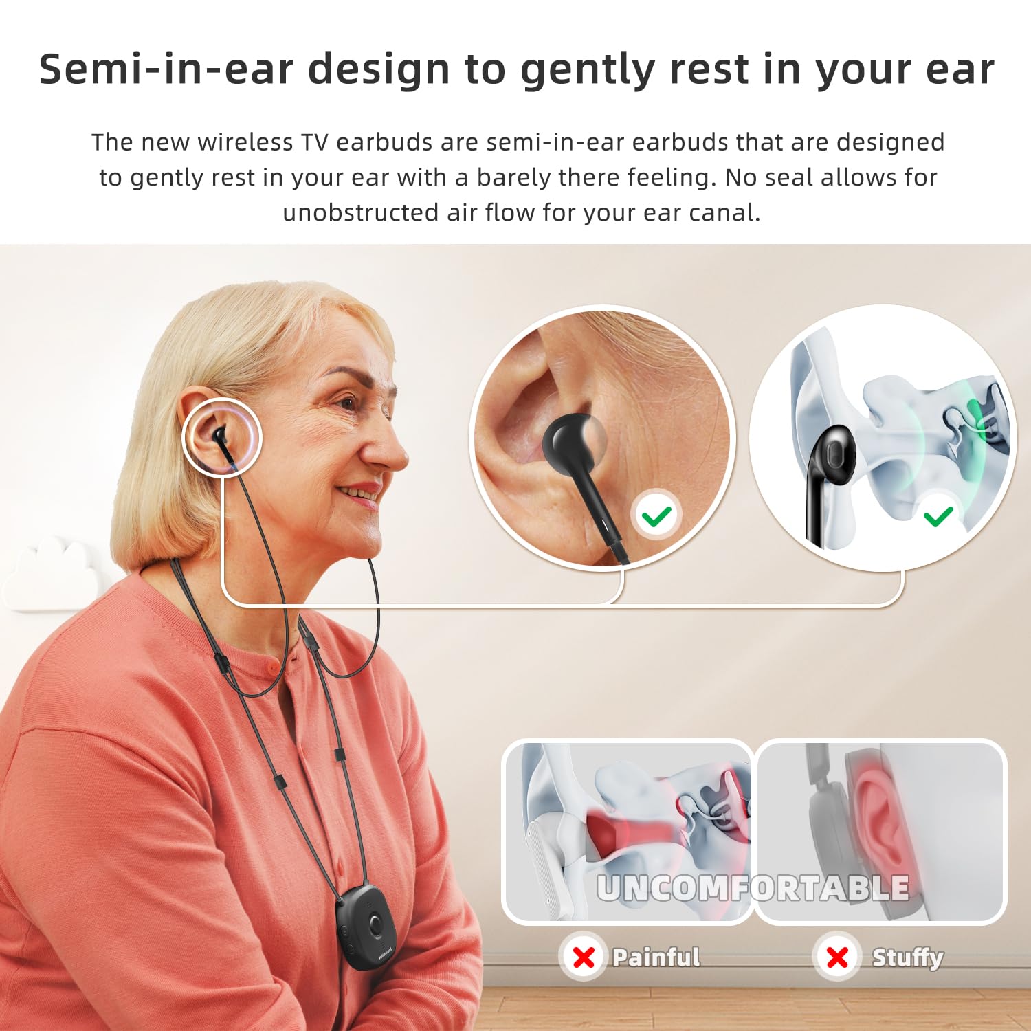 **Wireless TV Headphones for Seniors – Comfortable Bluetooth Earbuds with USB & Optical Transmitter, 15-Hour Battery, 100ft Range, No Delay – Ideal for TV Watching, Movies, and Hearing Assistance (Black)**