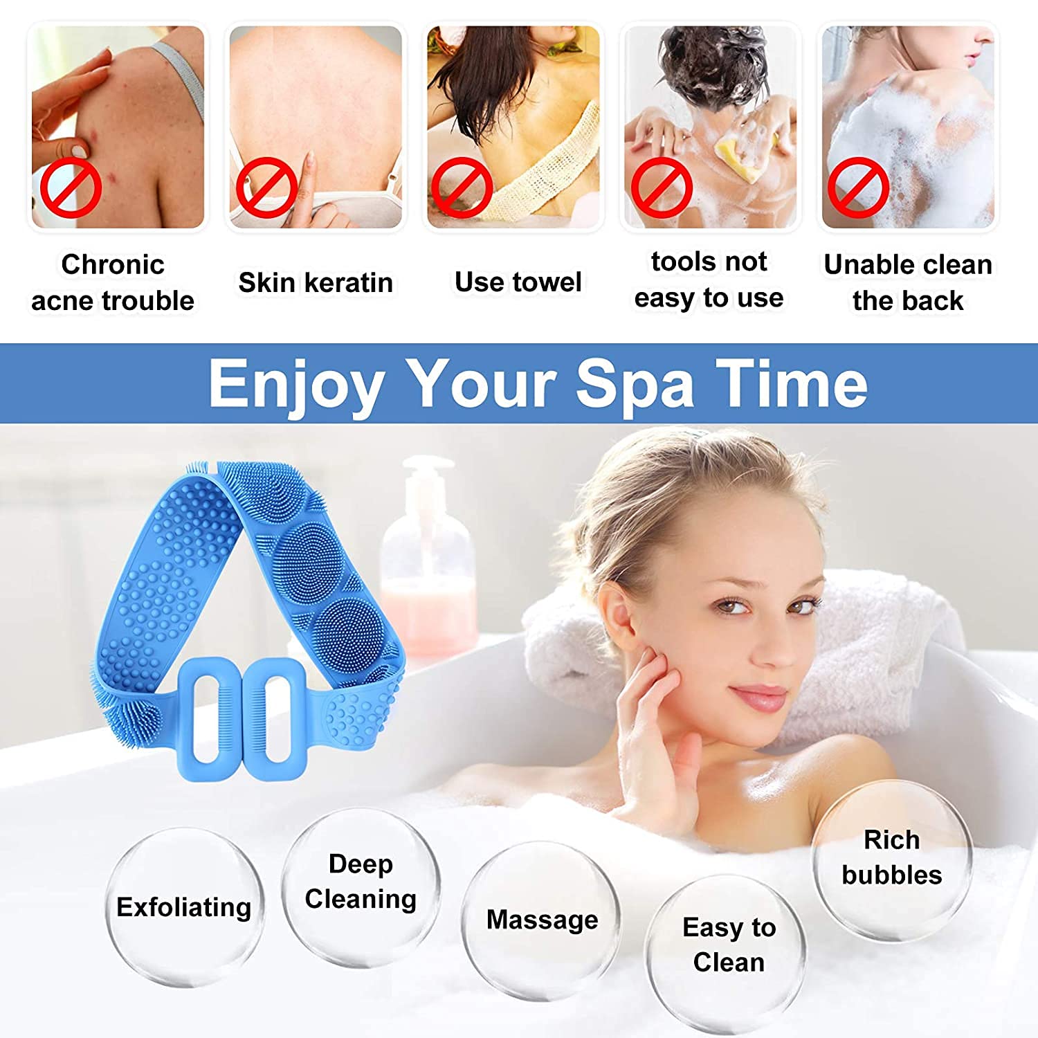 ANTIMOS Silicone Body Scrubber - Exfoliating Bath Brush Belt for Deep Cleansing & Dead Skin Removal | Washable Shower Scrubber for Men, Women & Kids | Perfect for Spa, Shower & Daily Skincare Routine (Multi-Color)